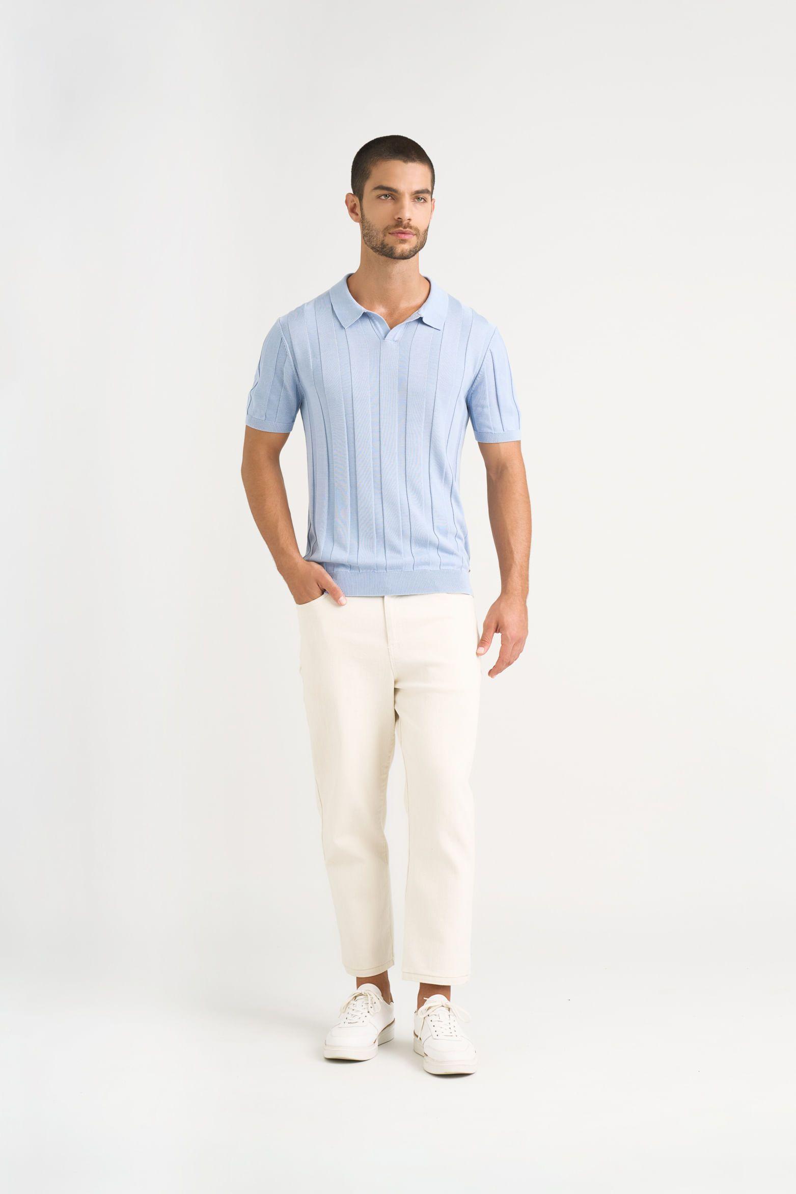 Vélez Polera Tejida Manga Corta Hombre Franjas Azul Claro-1