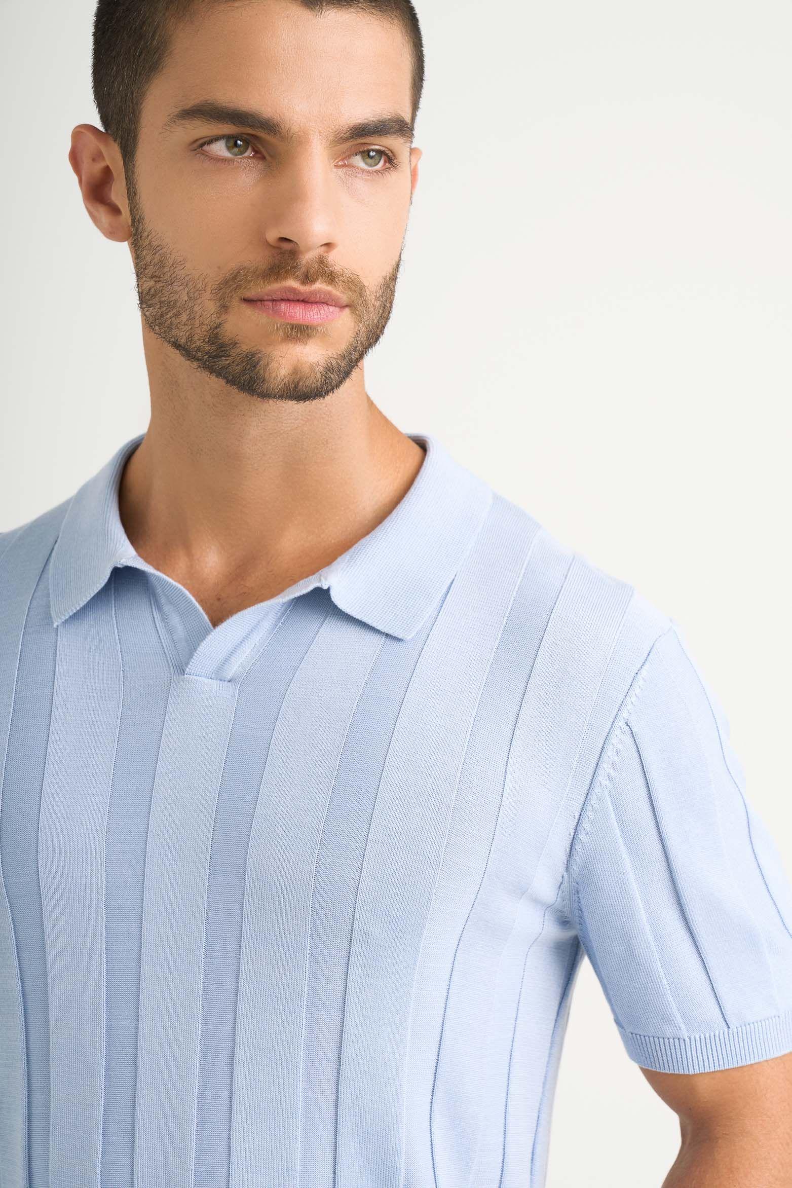 Vélez Polera Tejida Manga Corta Hombre Franjas Azul Claro-2