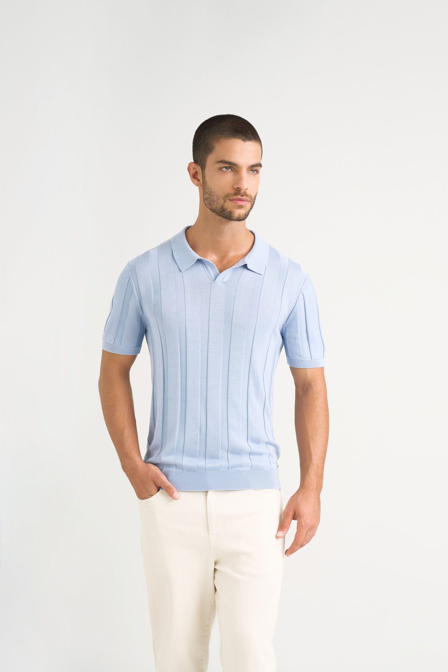 Vélez Polera Tejida Manga Corta Hombre Franjas Azul Claro-3