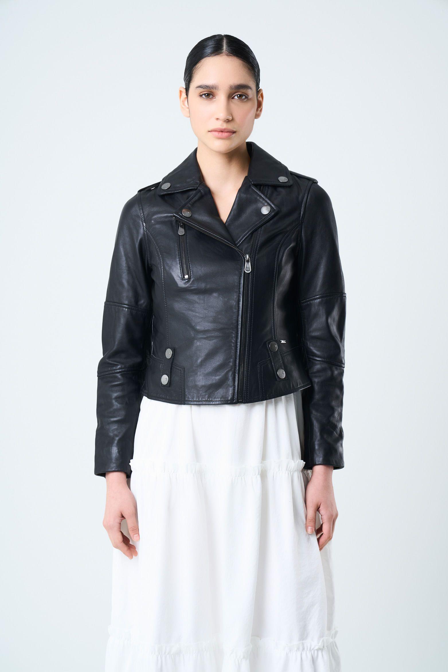 Vélez Casaca Biker De Cuero Para Mujer Fit Ajustado Negro-0