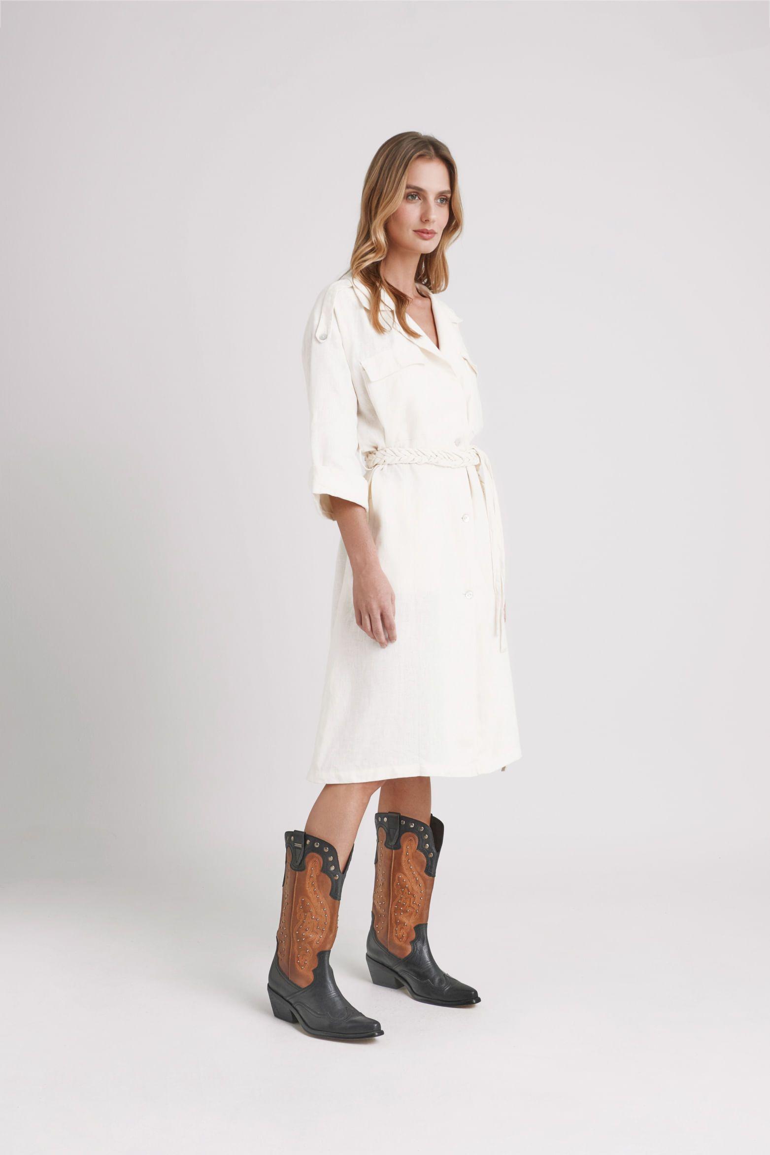 Vélez Vestido Trch Aurora Lino Mujer Cinturón Trzado Crema-2