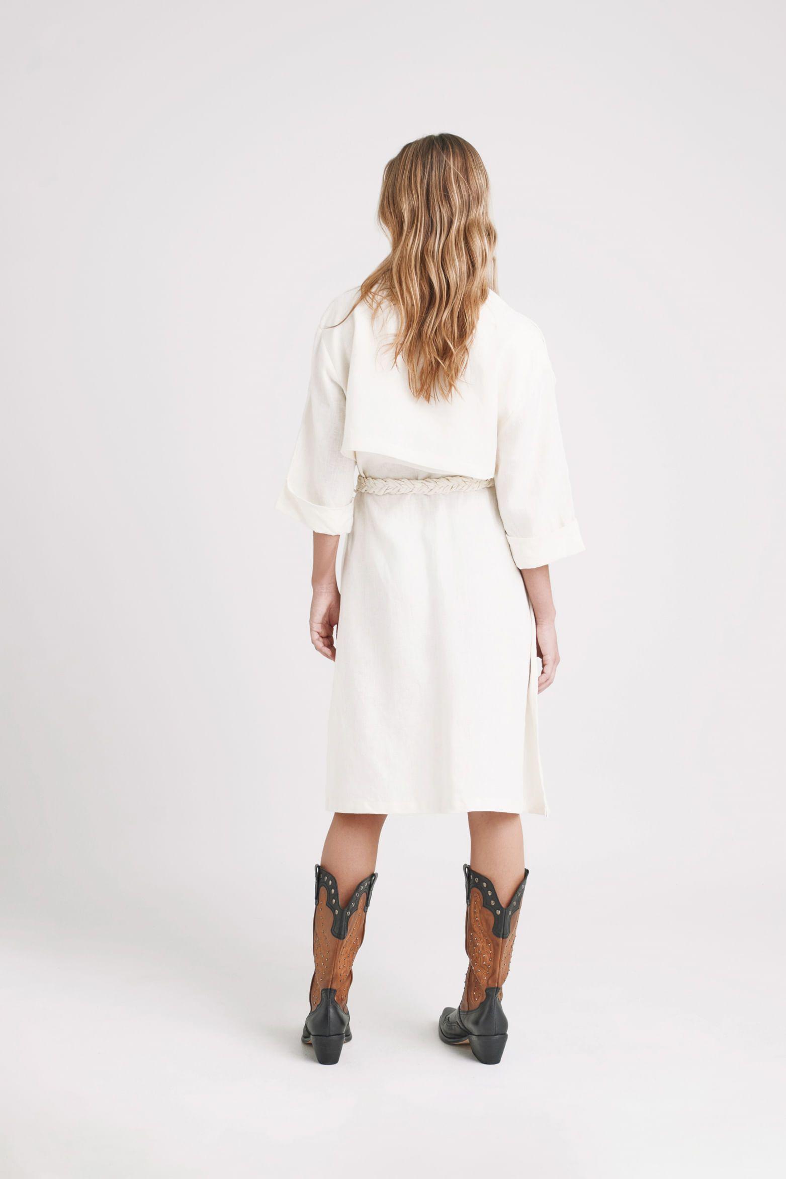 Vélez Vestido Trch Aurora Lino Mujer Cinturón Trzado Crema-4