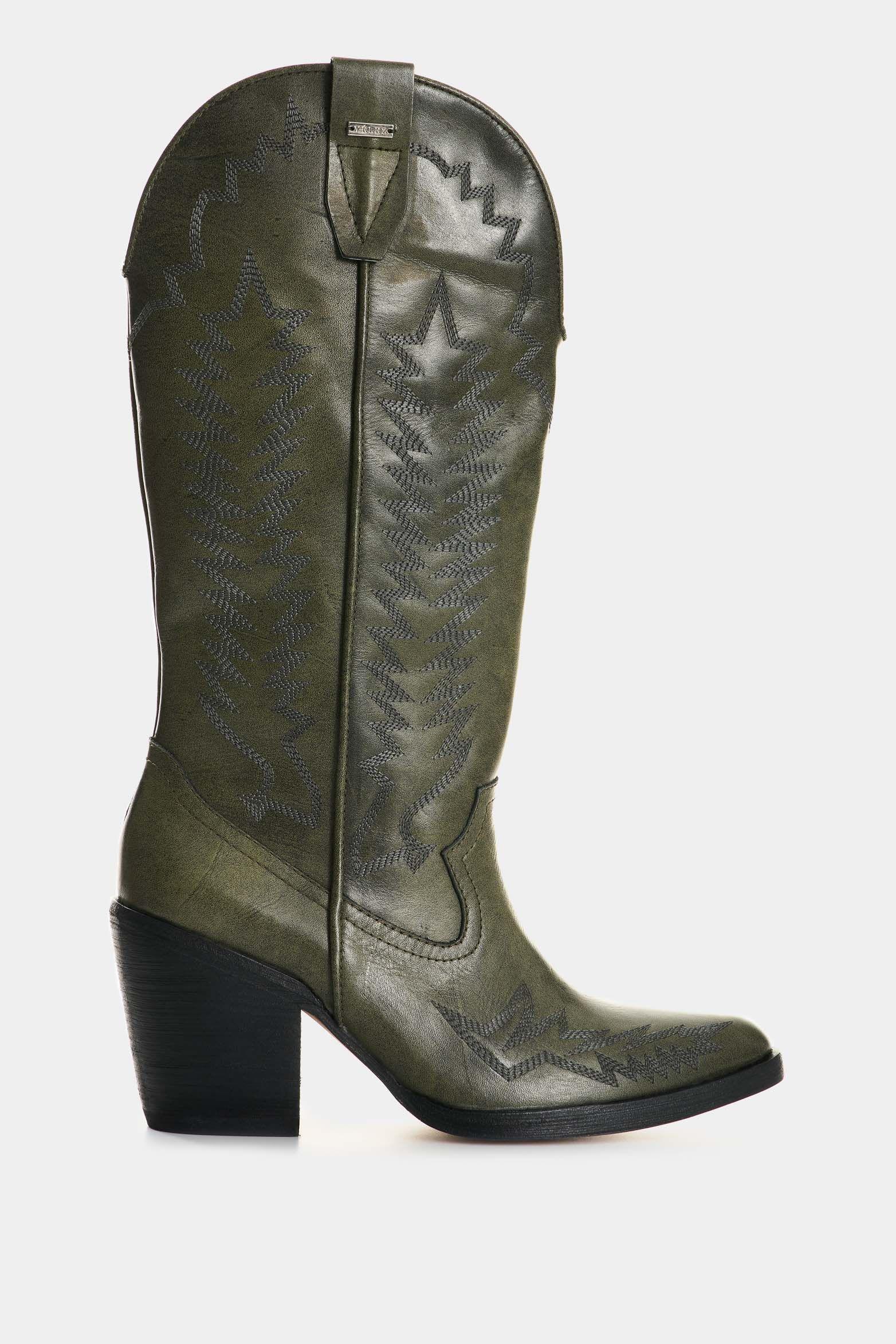 Vélez Botas De Cuero Bordado  Mujer Elia Verde-0