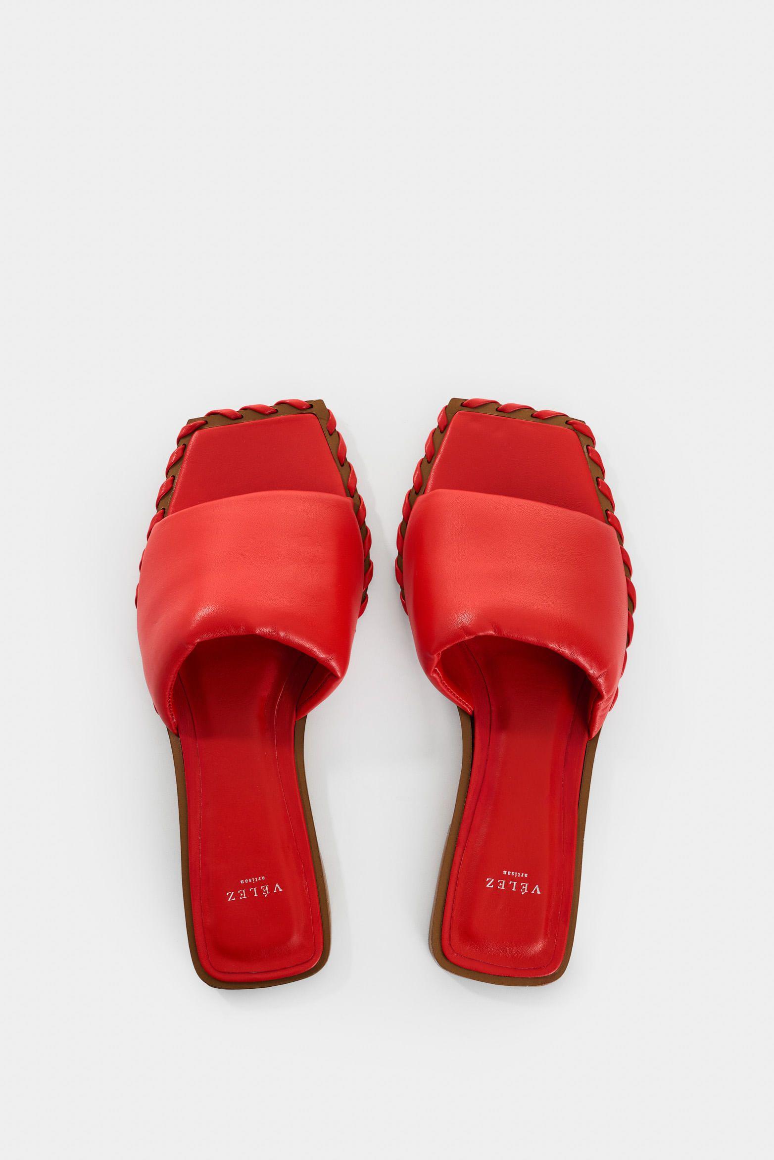 Vélez Sandalia Plana De Cuero Para Mujer Aurora Rojo-3