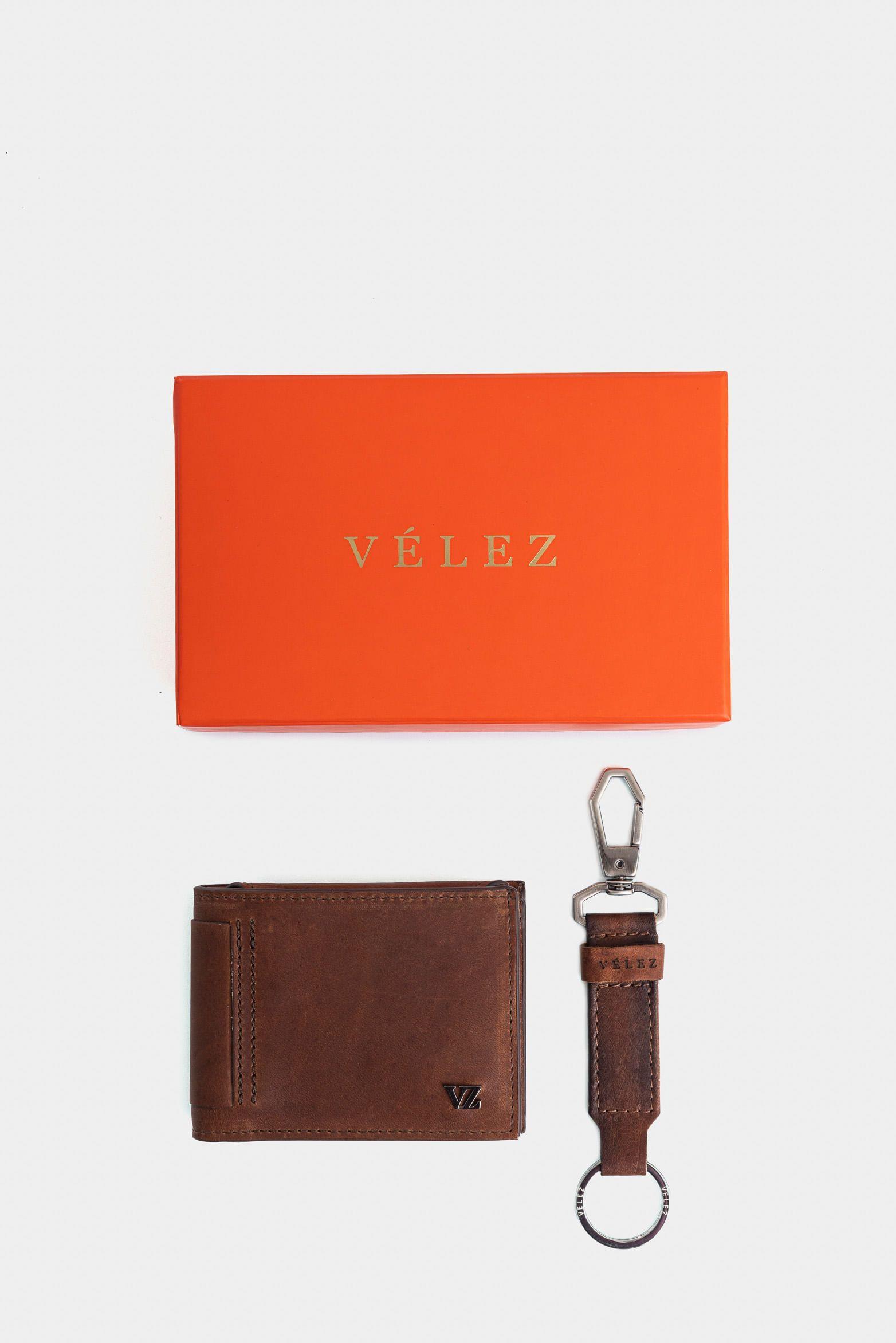 Vélez Kit Billetera y Llavero De Cuero Vintage Brandy-0