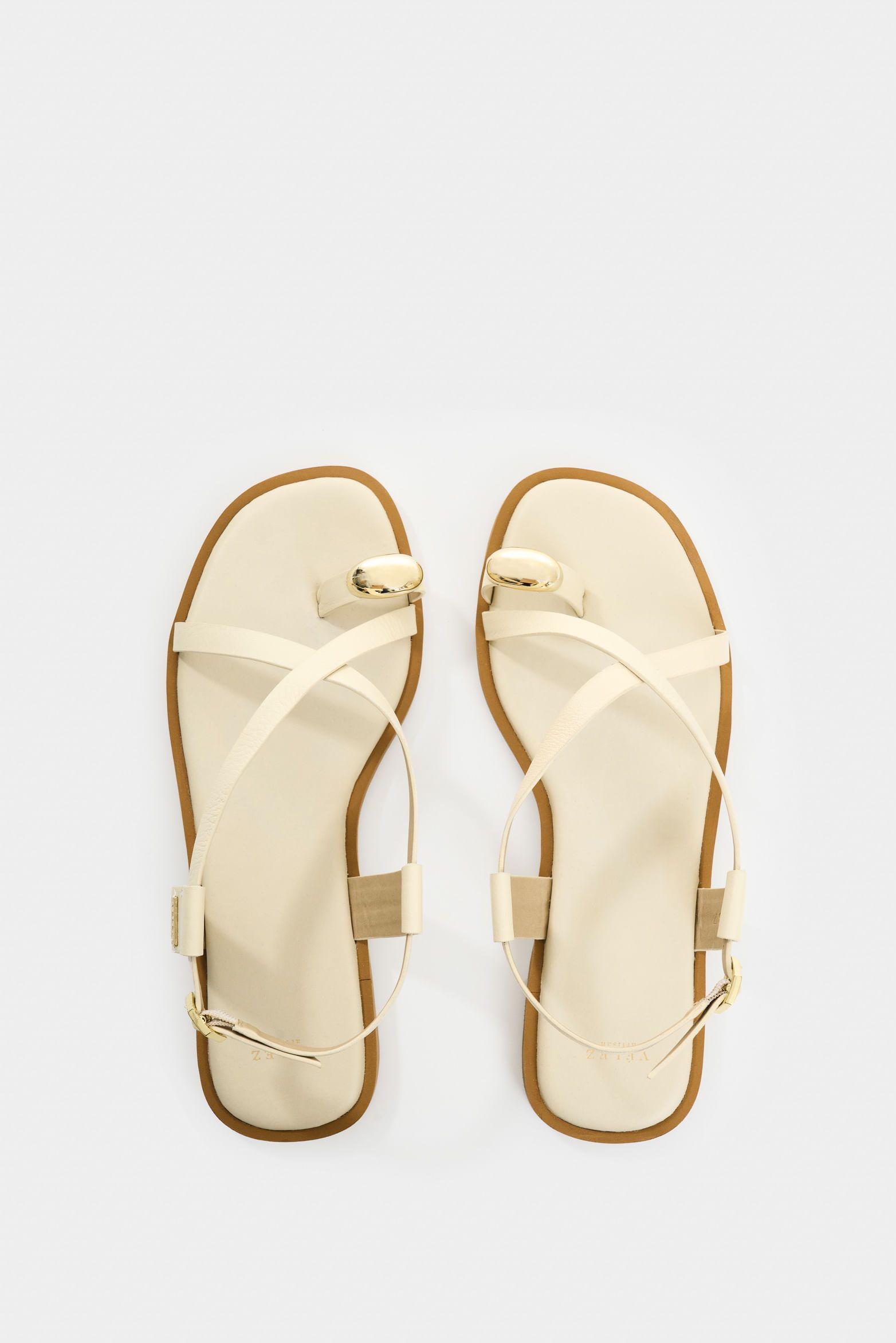 Vélez Sandalia Plana De Cuero Para Mujer Kira Beige-3