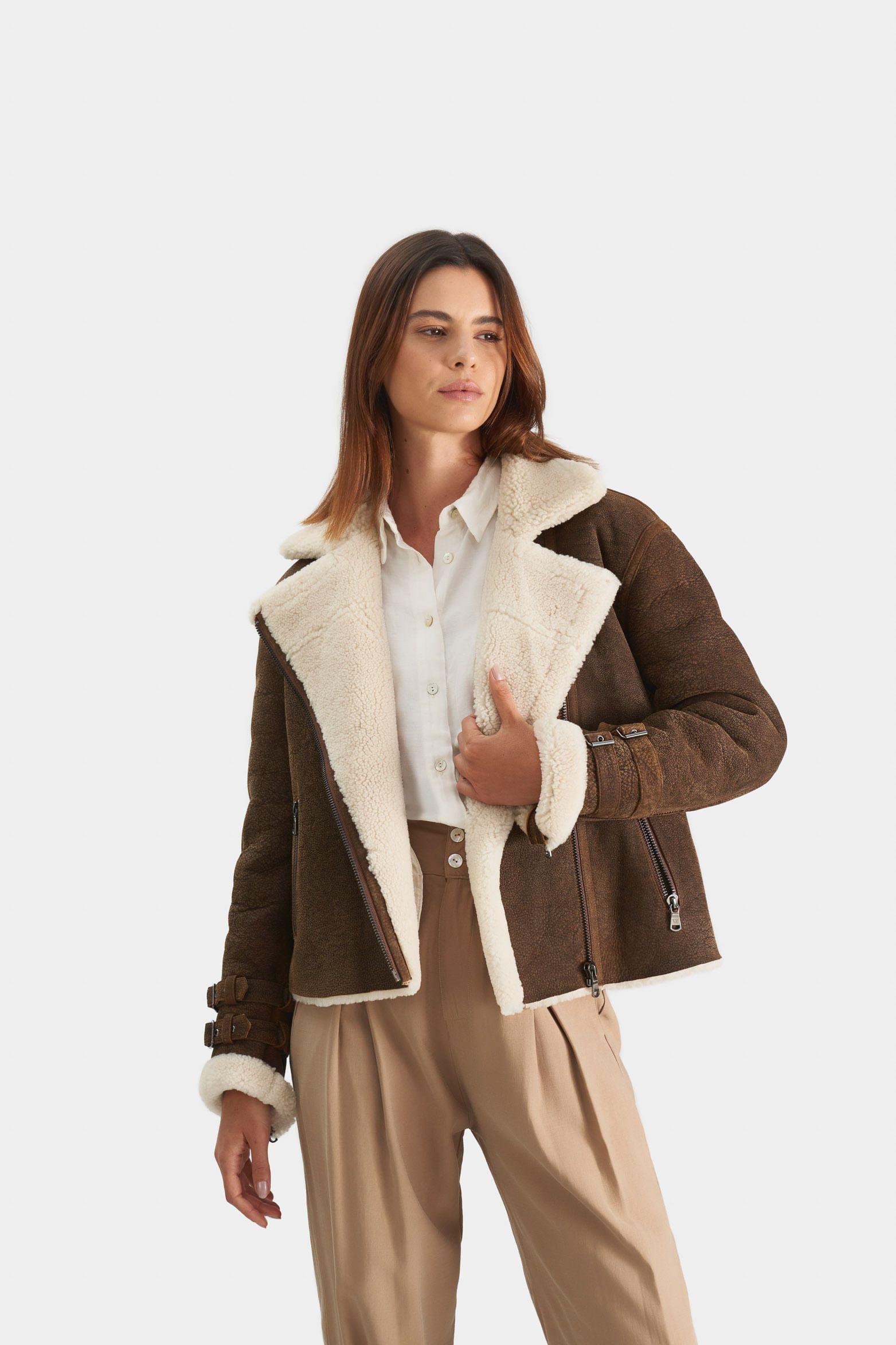 Vélez Casaca Aviator Cuero Ovino y Lana Mujer Nobuck Café-0