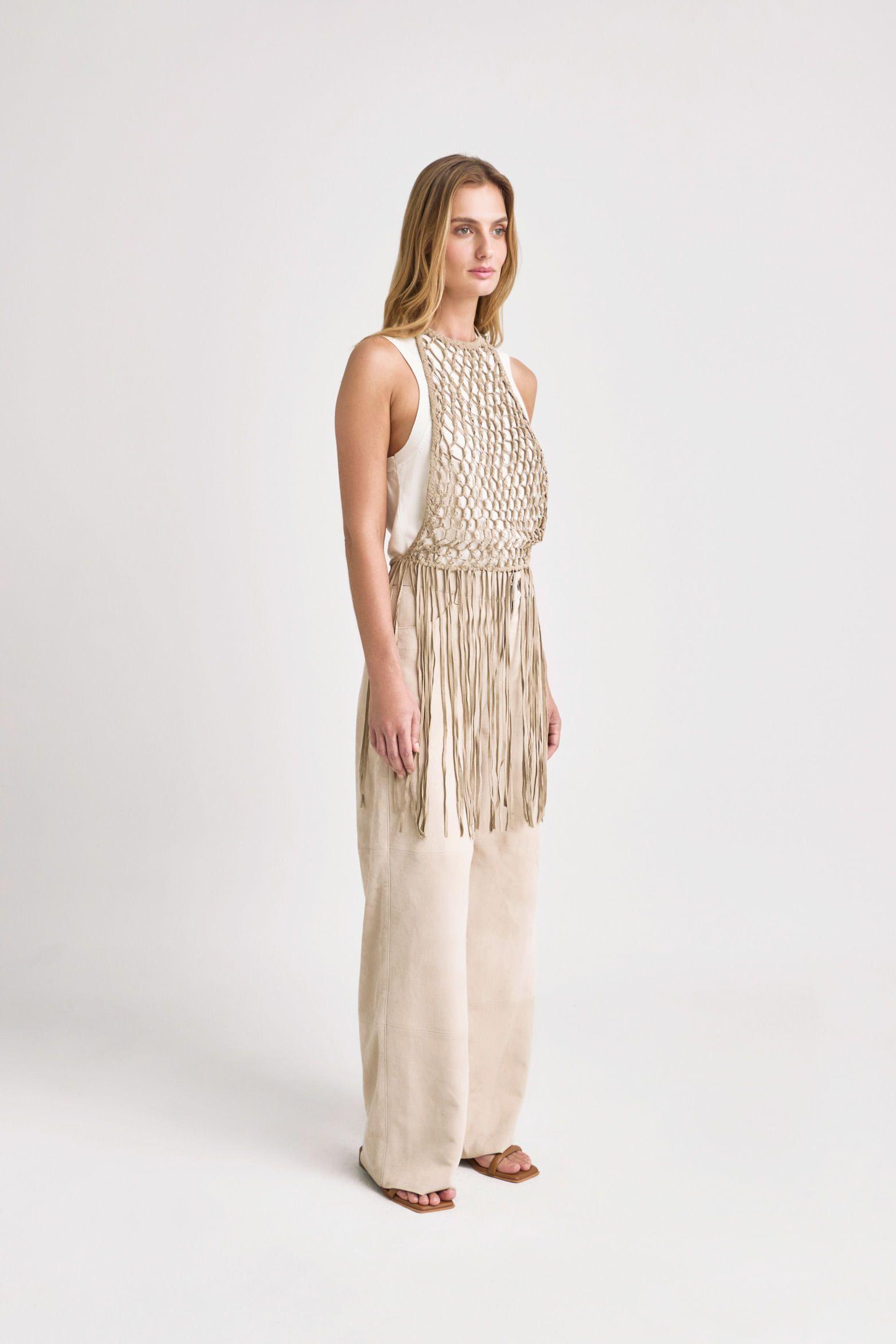 Vélez Chaleco  En Tejido Macramé Para Mujer Flecos Beige-2