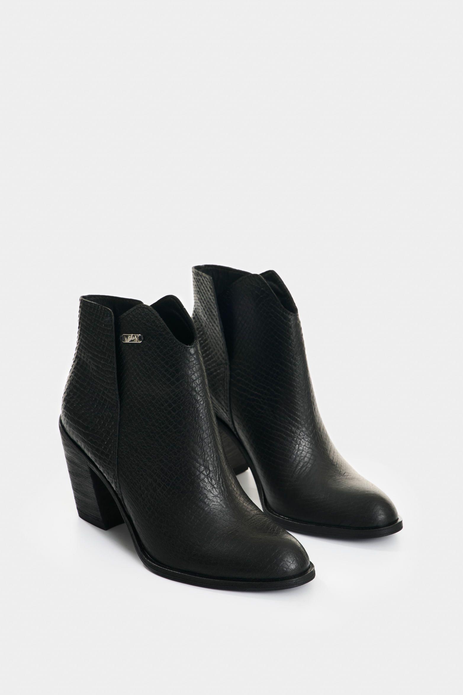 Vélez Botines De Cuero Grabado Para Mujer Alpha Negro-1