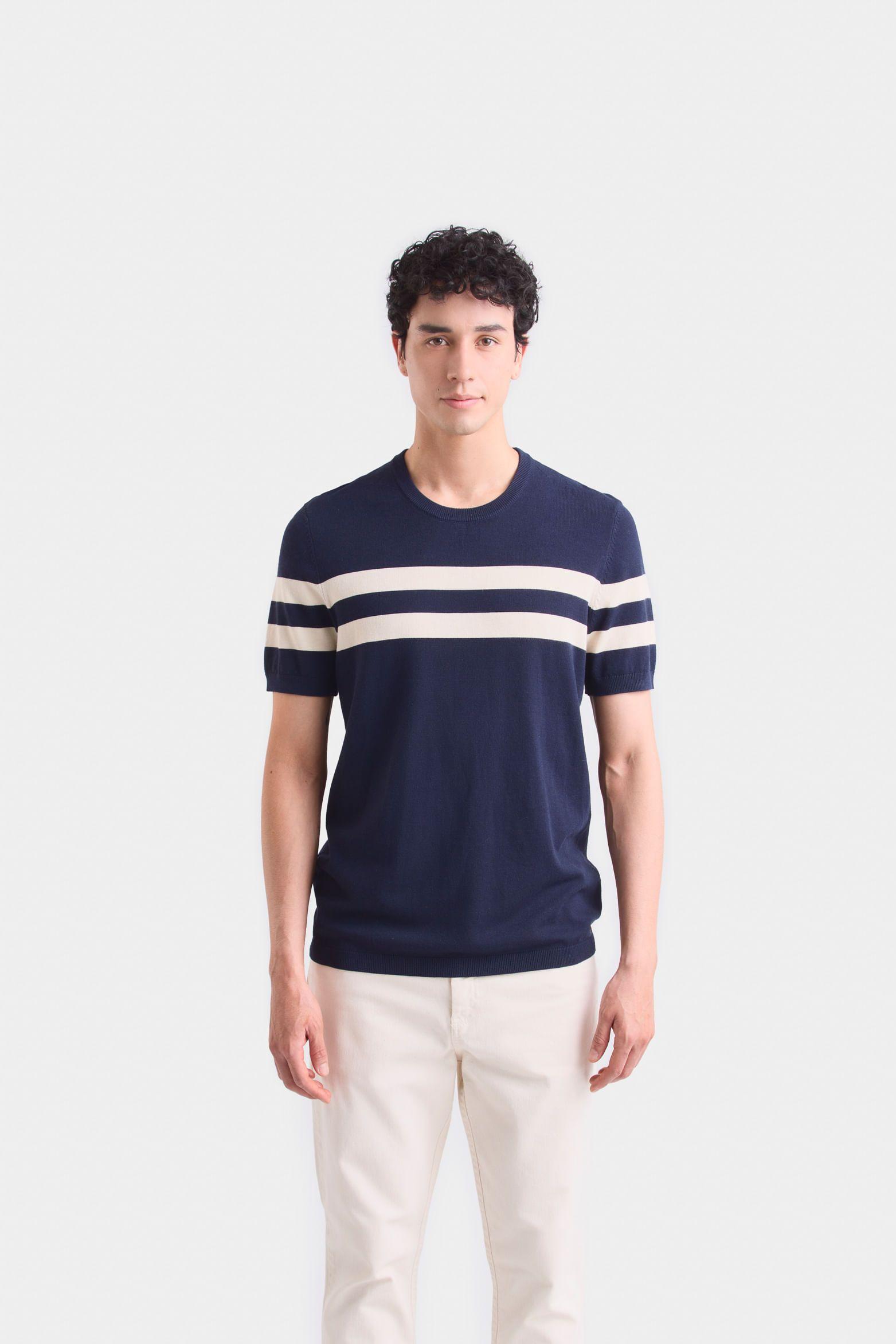 Vélez Polera Franjas 2 Tejida Hombre Manga Corta Azul Osc-0