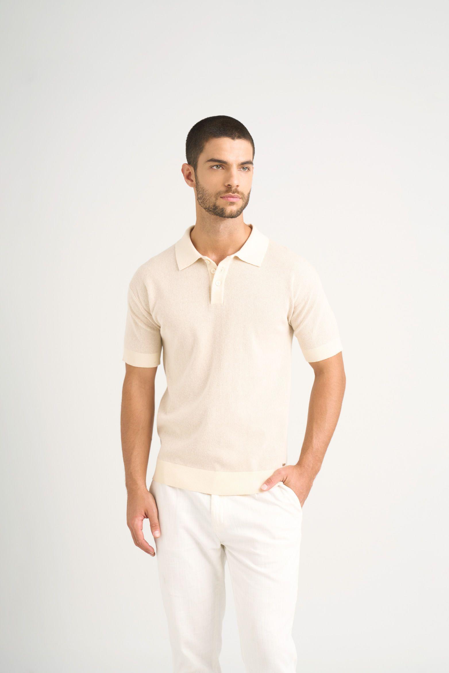 Vélez Polo Capri Textura Bicolor Hombre Semi Ajustada Crema-0