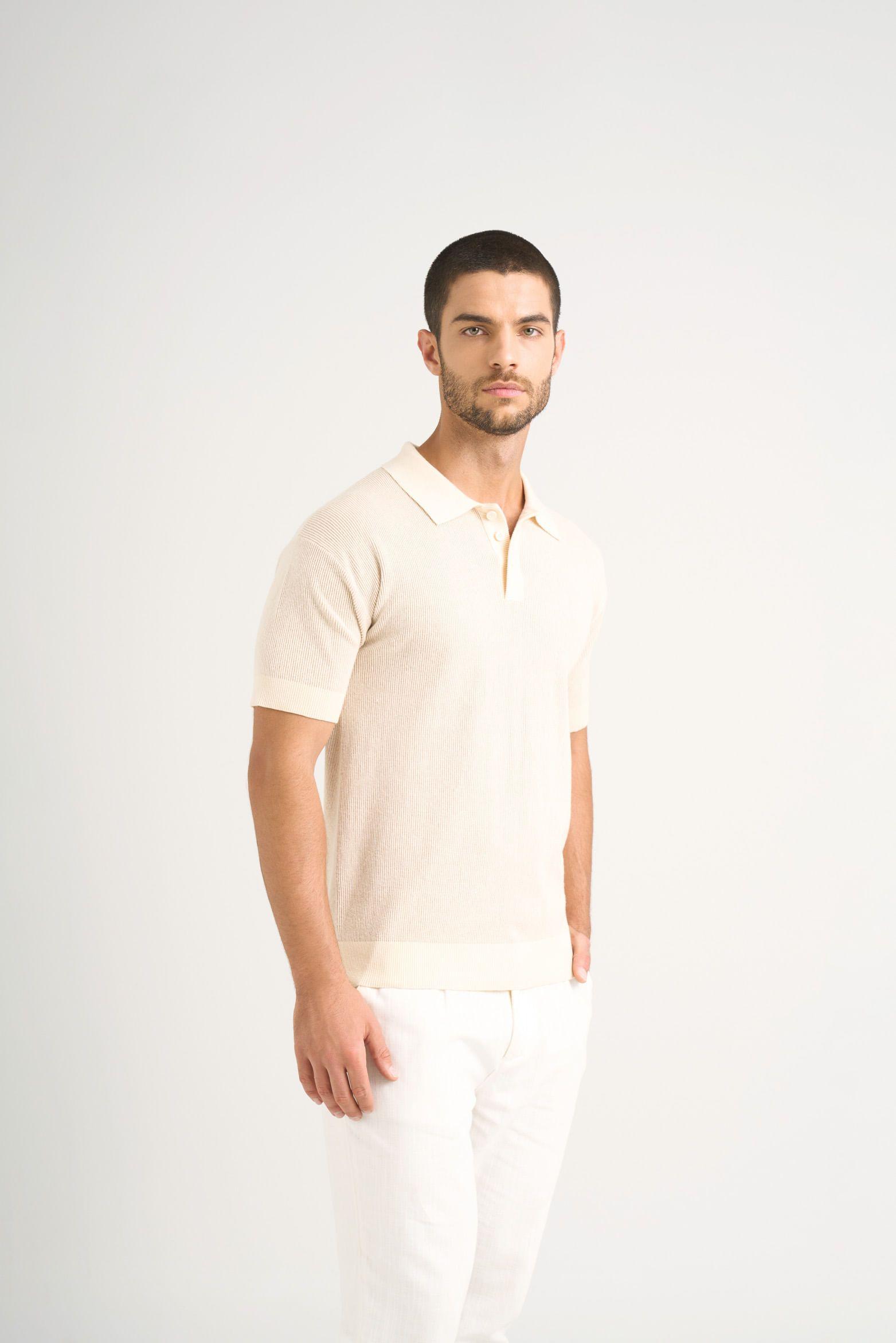 Vélez Polo Capri Textura Bicolor Hombre Semi Ajustada Crema-1