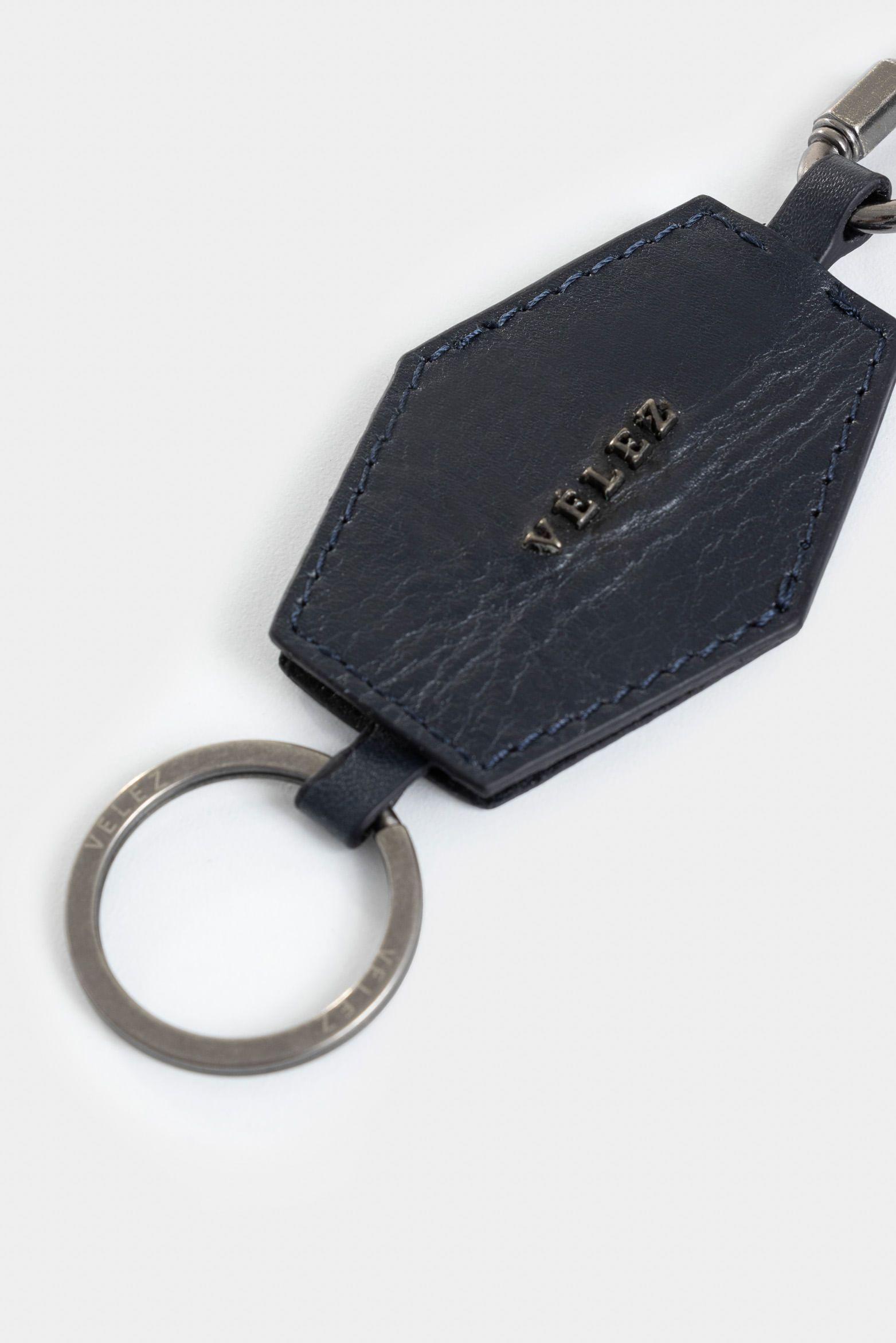 Llavero luster de cuero para hombre argolla y mosquetón Azul Oscuro-1