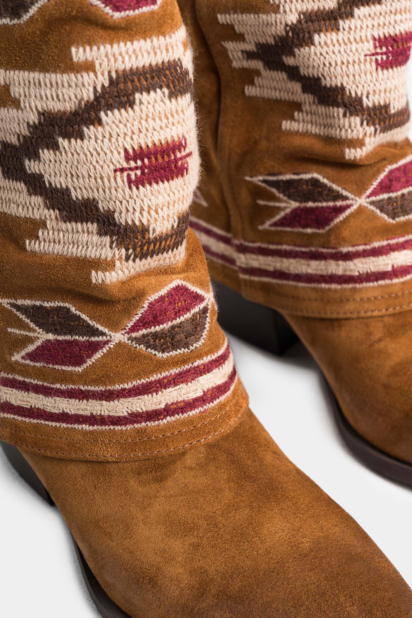 Vélez Bota Inflexus Cuero Mujer Bordado Jacquard Miel-4