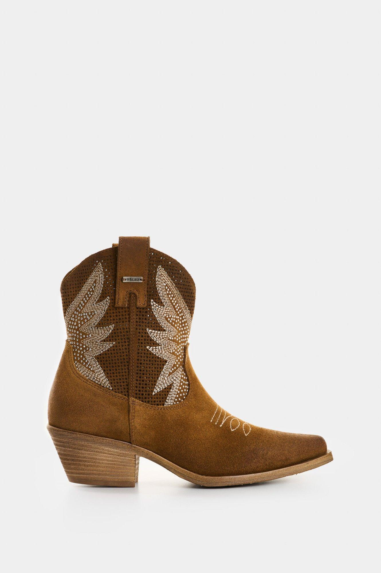 Vélez Botines Kalixto Cuero Gamuzado Mujer Detalle Brillo Miel-0