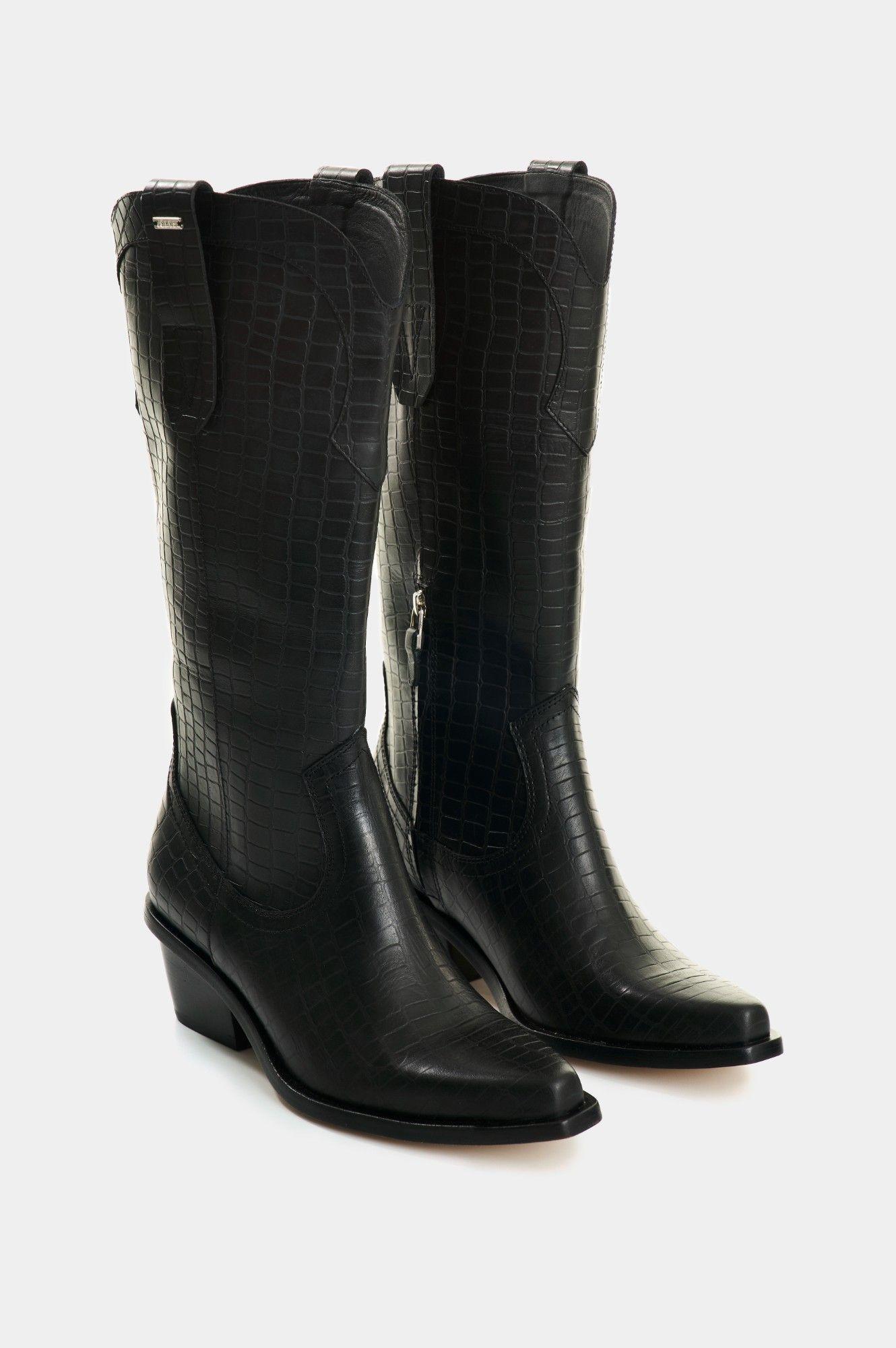 Vélez Botas De Cuero Grabado Para Mujer Gem Negro-1