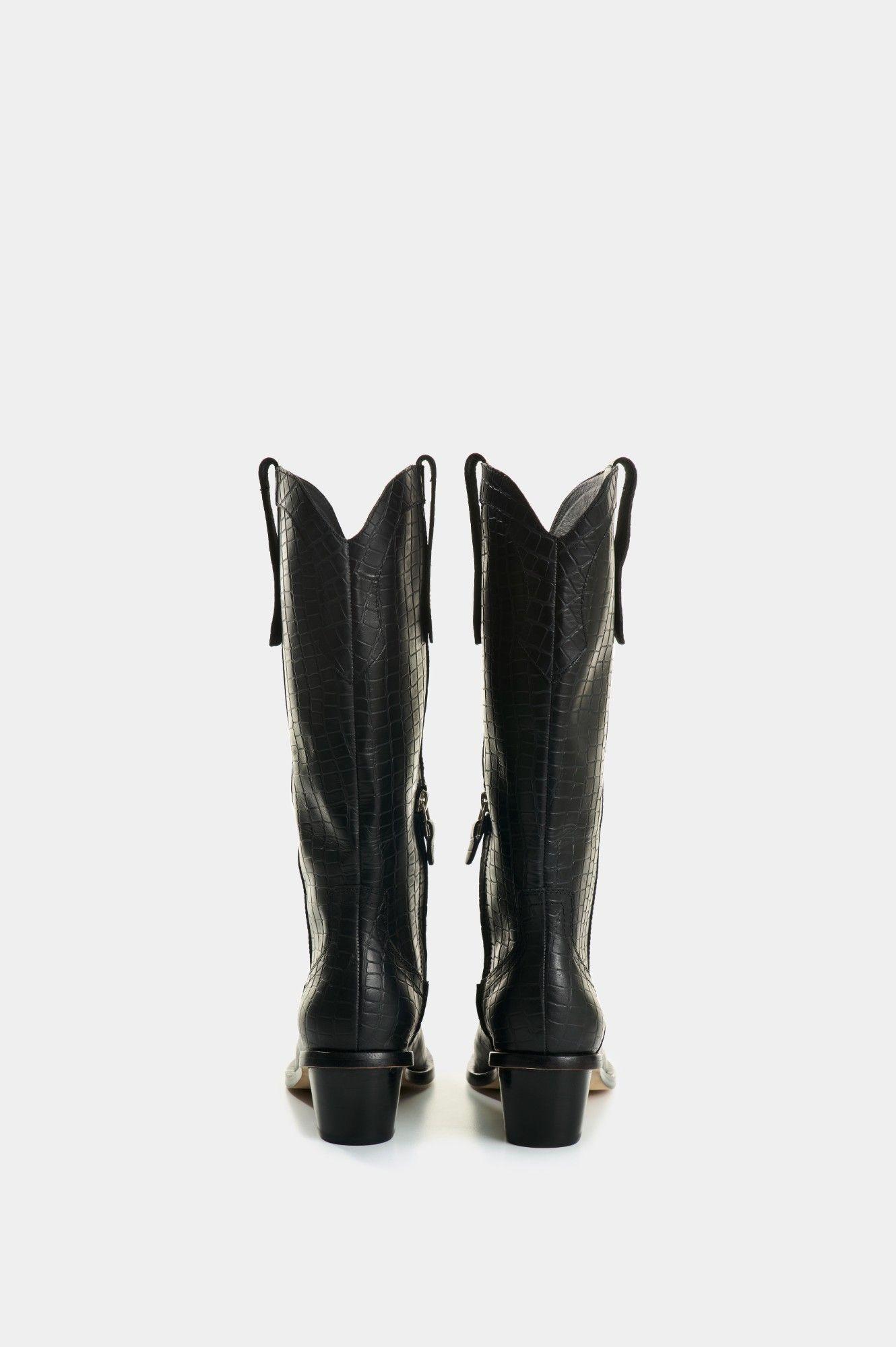 Vélez Botas De Cuero Grabado Para Mujer Gem Negro-2