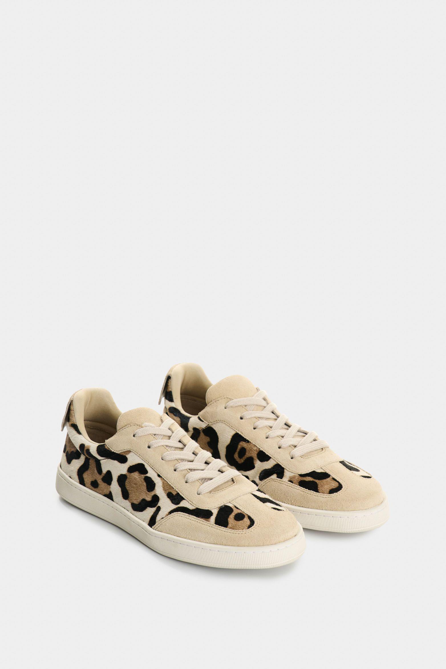 Vélez Zapatillas Cuero Pelo Y Animal Print Mujer Flair Beige-1