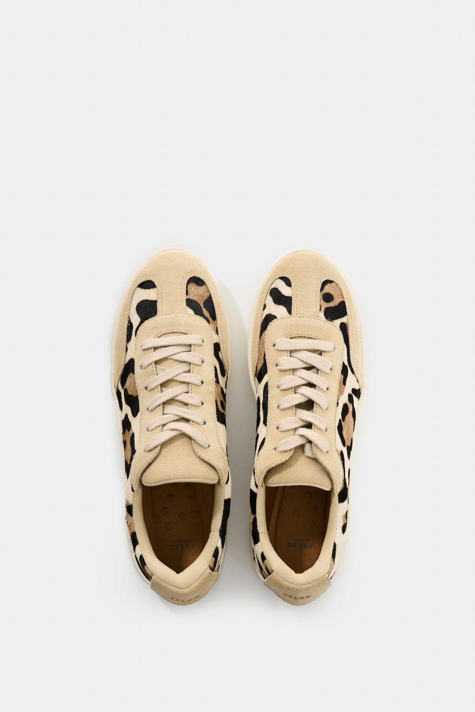 Vélez Zapatillas Cuero Pelo Y Animal Print Mujer Flair Beige-3