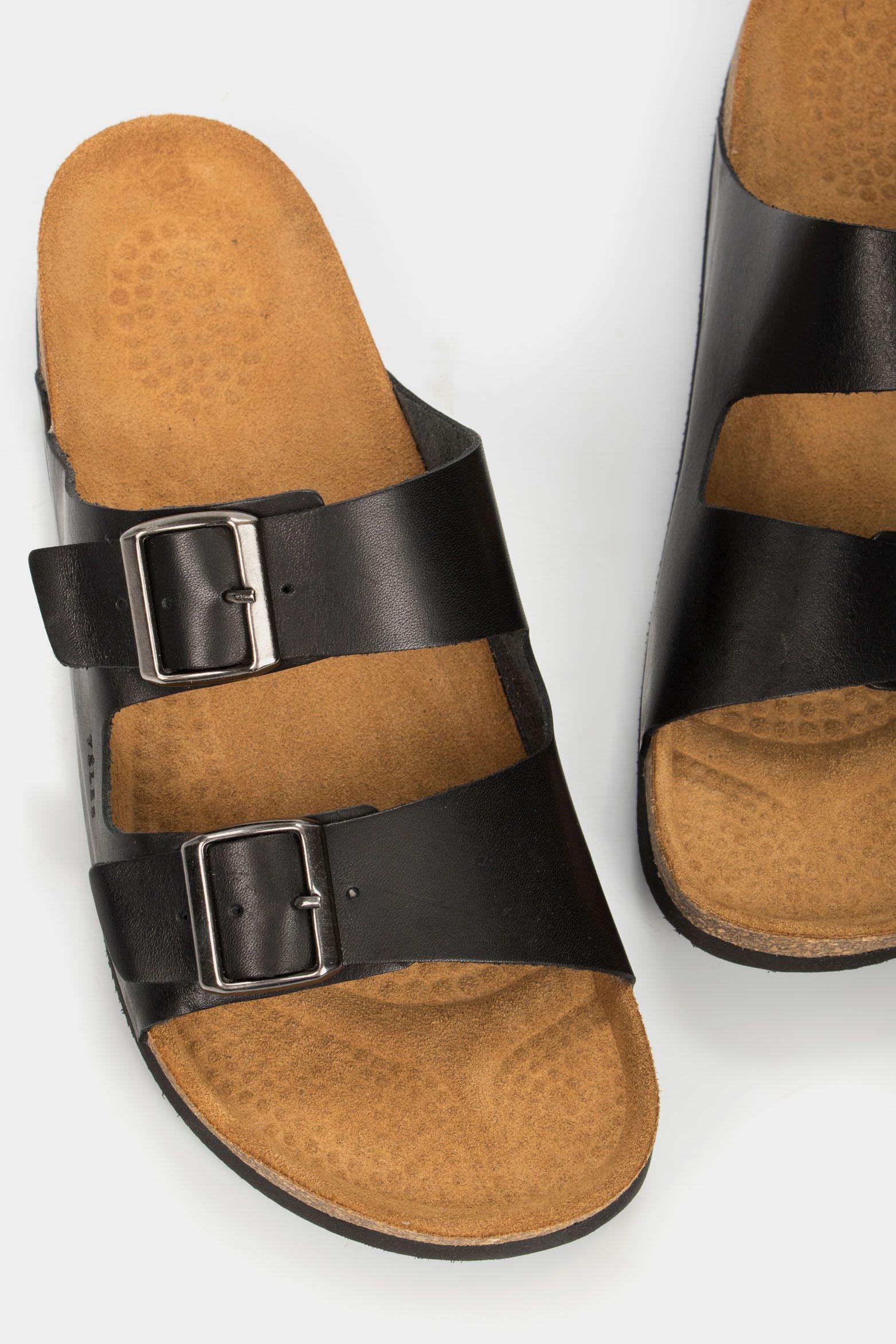 Vélez Sandalia Plana De Cuero Vintage Negro-3