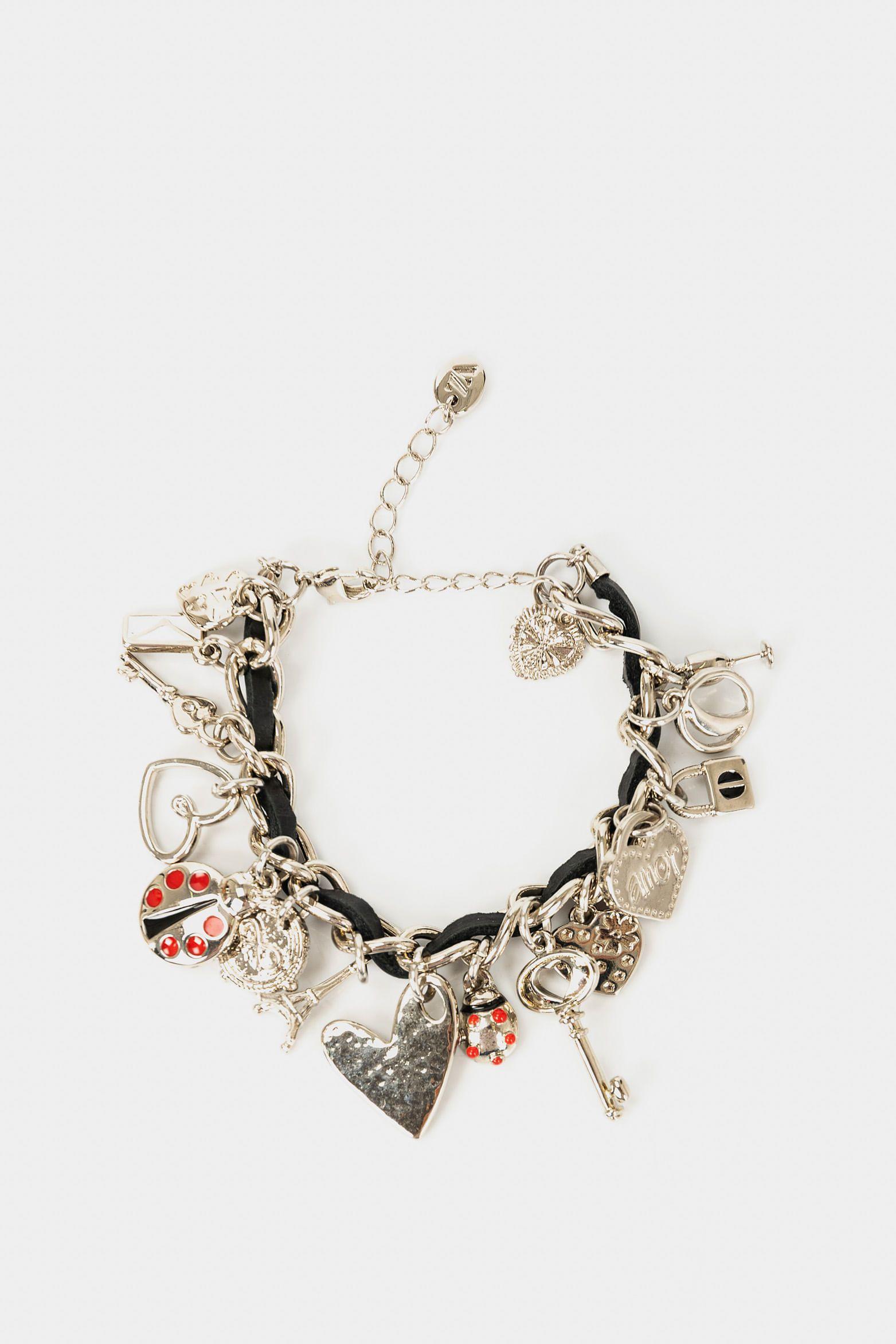 Pulsera amor de cuero para mujer cadena y dijes metálicos Plata-0