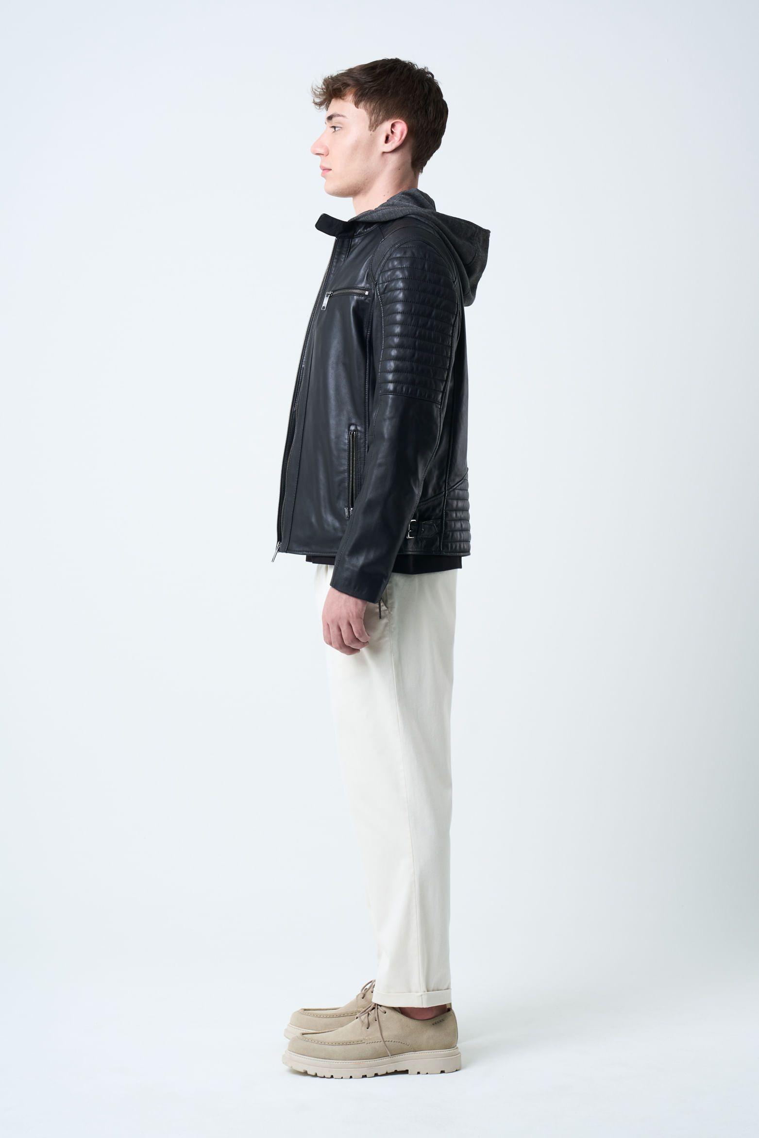 Vélez Chaqueta Belmont Cuero Hombre Capucha Y Pechera Negro-2