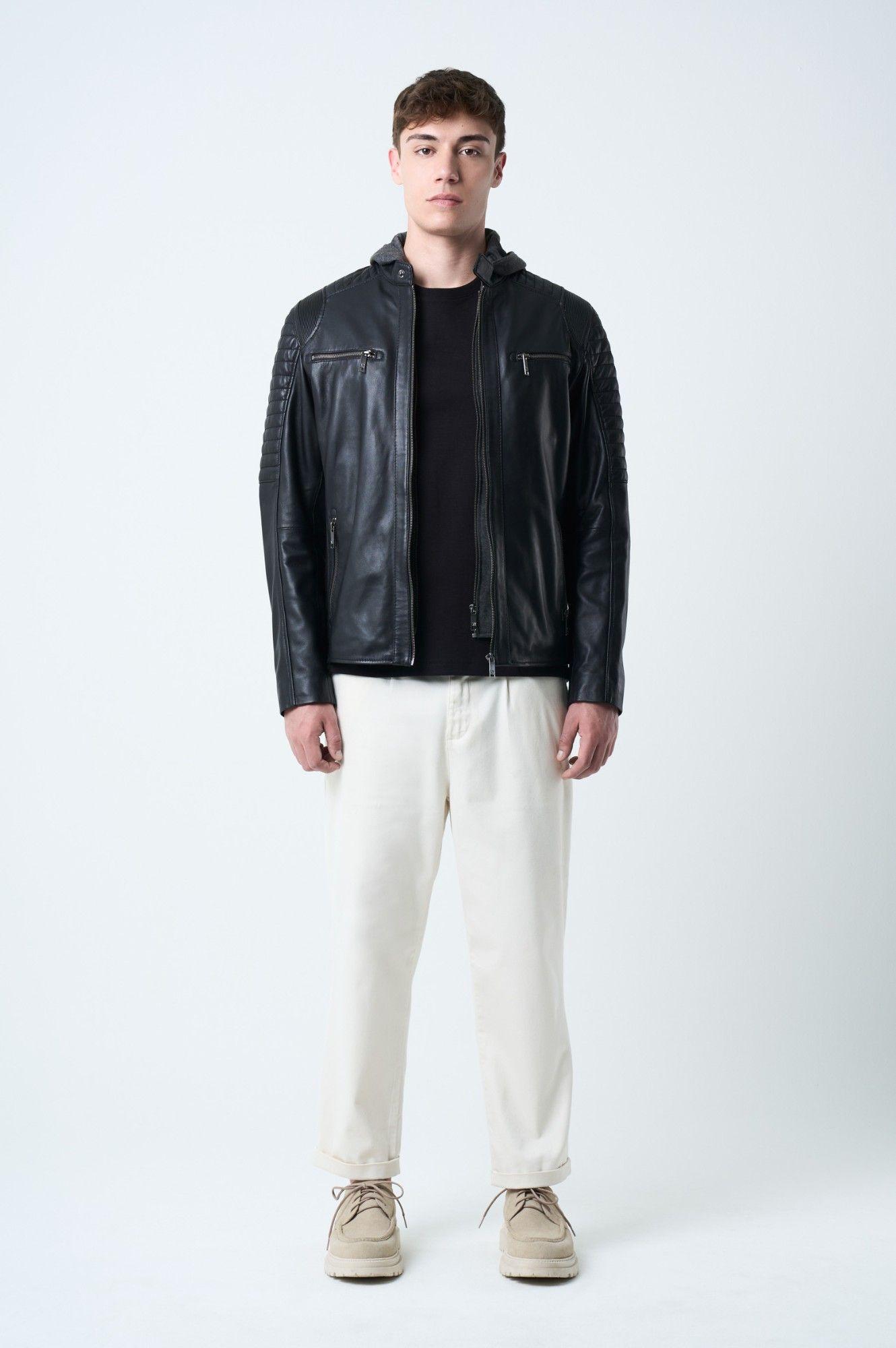 Vélez Chaqueta Belmont Cuero Hombre Capucha Y Pechera Negro-7