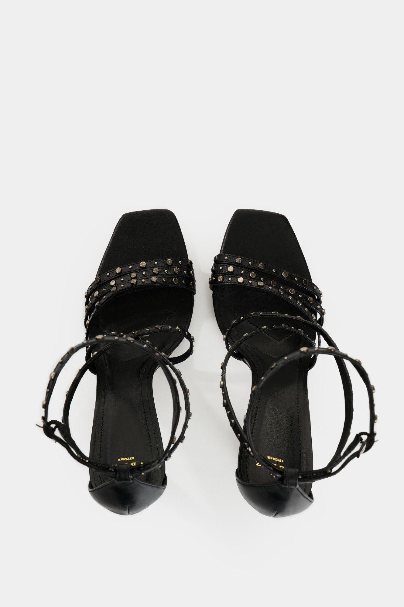 Vélez Sandalia Tacón Solan De Cuero Para Mujer Taches Negro-3