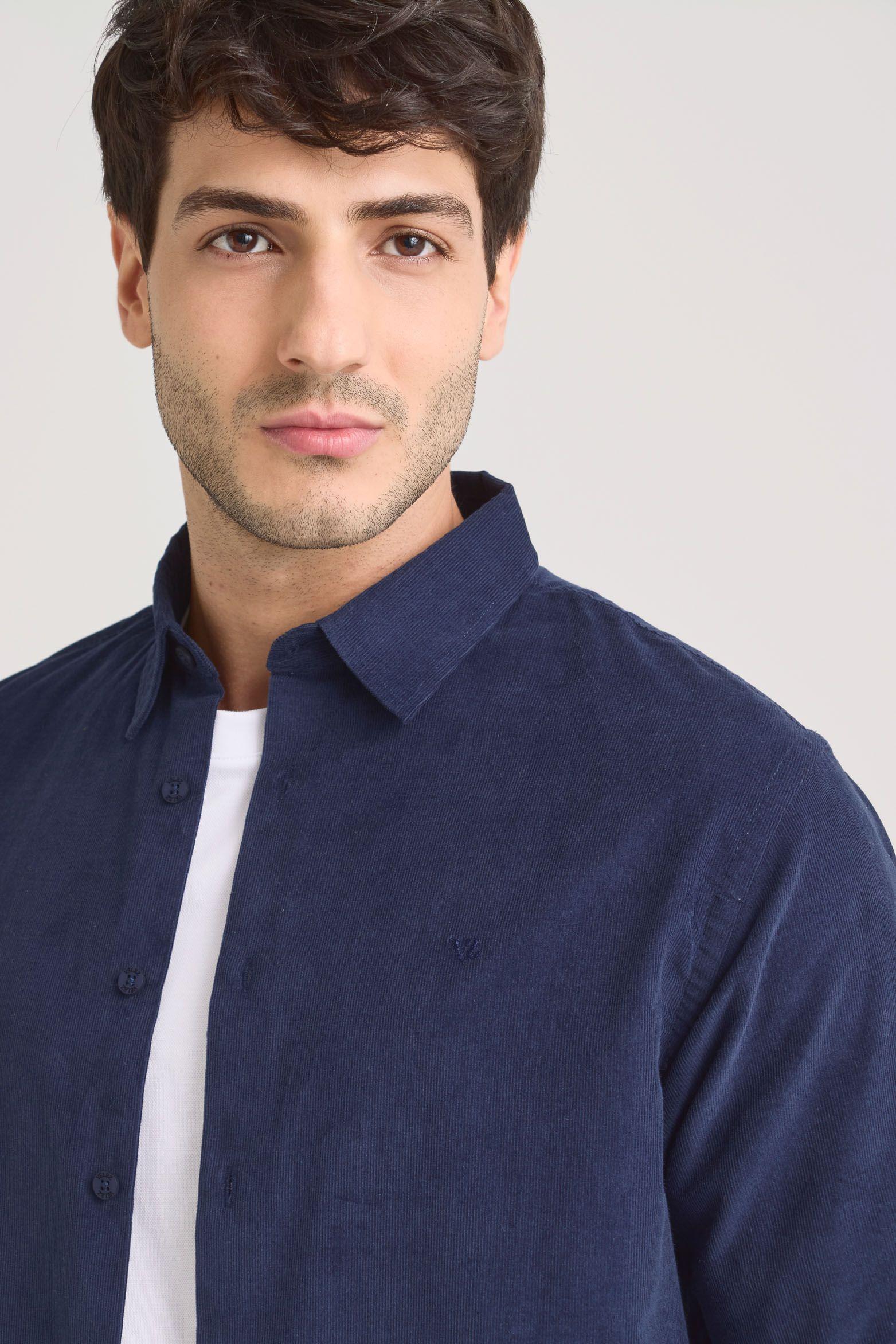 Vélez Camisa Parús Algodón Hombre Mini Corduroy Azul Oscuro-2
