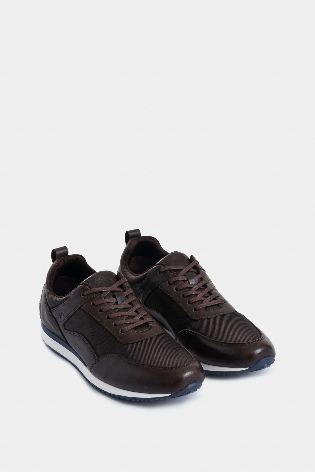 Vélez Tenis Engeil 3 De Cuero Para Hombre Detalle Textil Café-1
