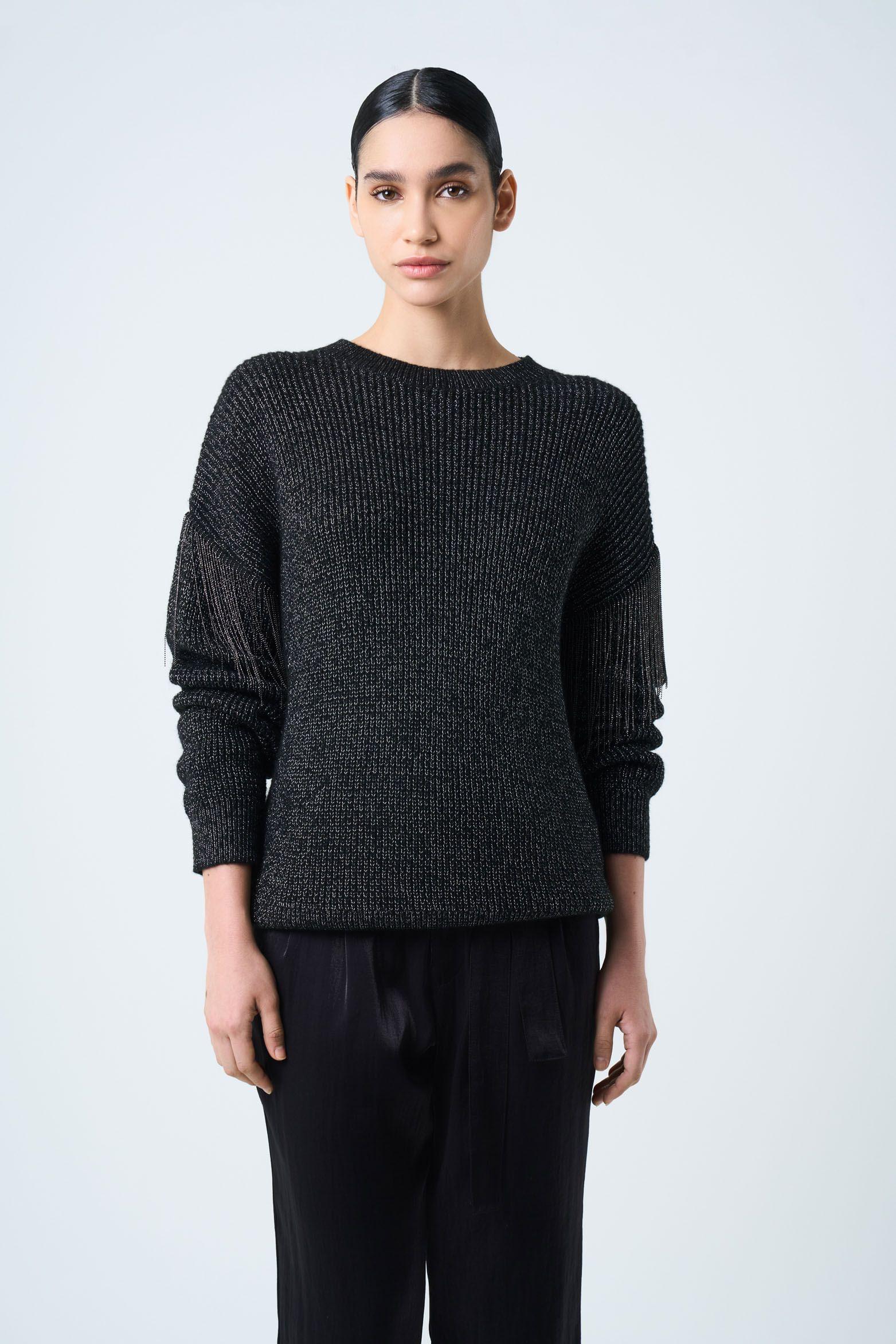 Vélez Sweater Tejido Mujer Detalle Flecos y Millaré Negro-0