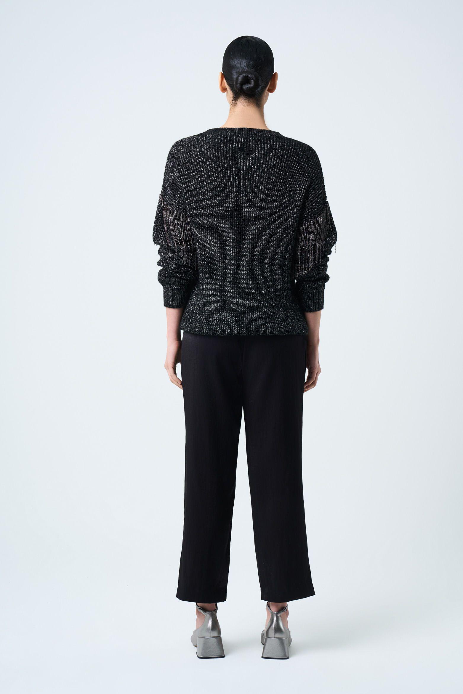 Vélez Sweater Tejido Mujer Detalle Flecos y Millaré Negro-2