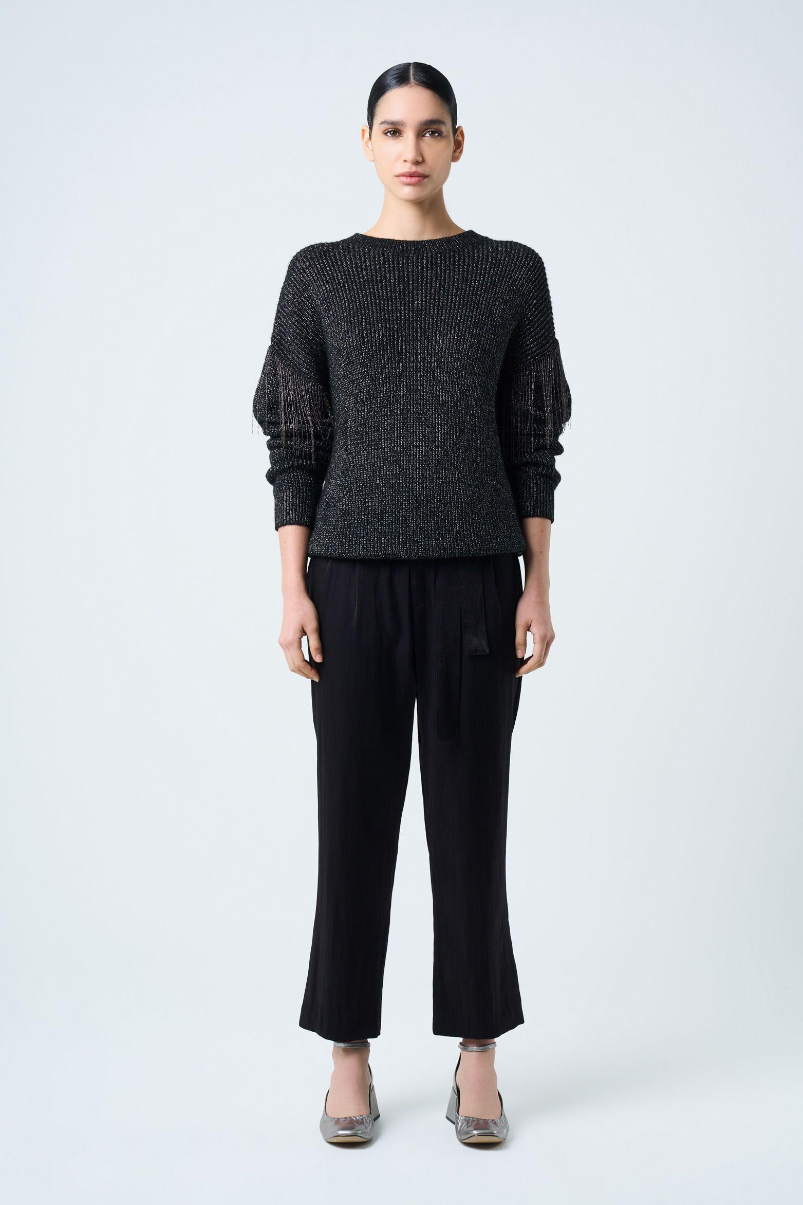 Vélez Sweater Tejido Mujer Detalle Flecos y Millaré Negro-3