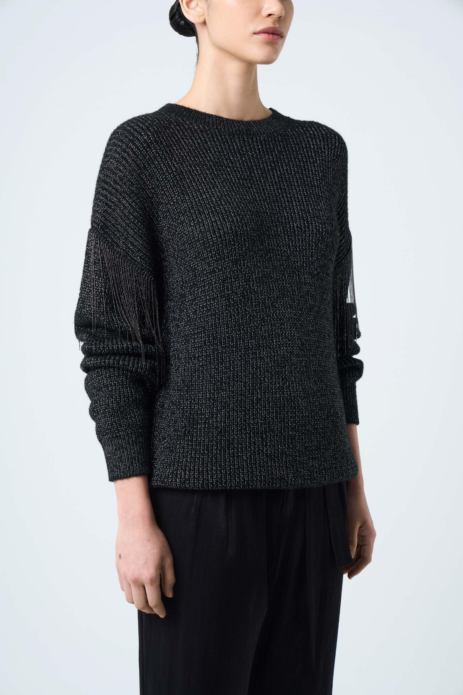 Vélez Sweater Tejido Mujer Detalle Flecos y Millaré Negro-4