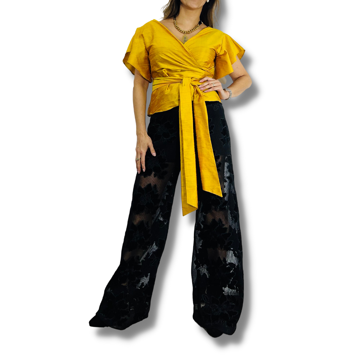 Blusa cruzada de shantung de seda -0