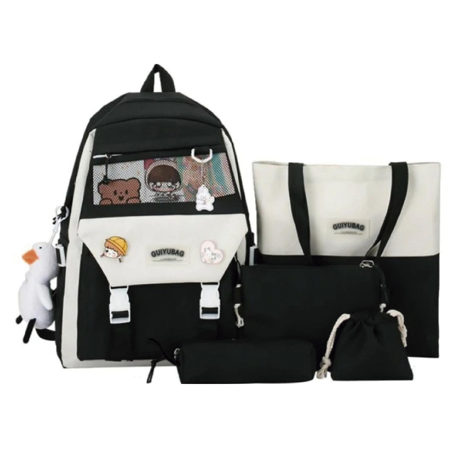 Mochila De Colegio Kawaii Harajuku - 5 Piezas - Negra-0