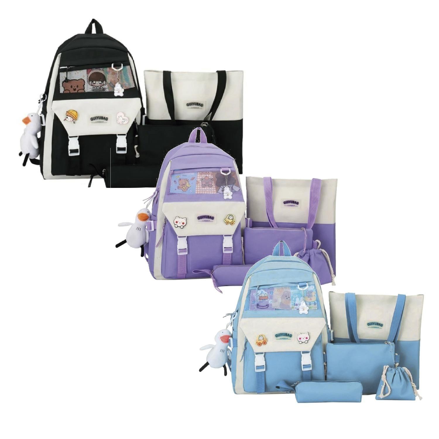 Mochila De Colegio Kawaii Harajuku - 5 Piezas - Negra-1