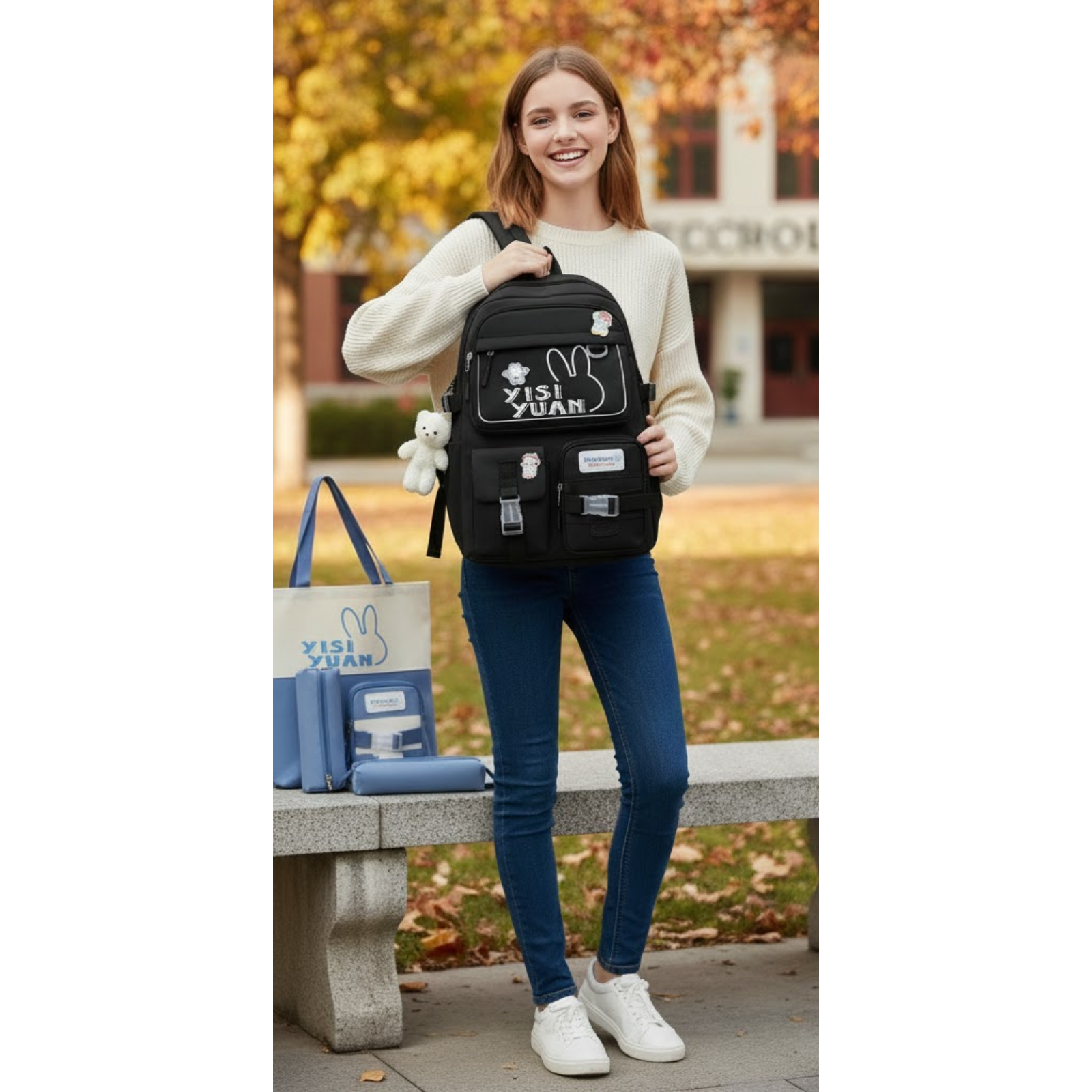 Mochila De Colegio Kawaii Harajuku - 5 Piezas - Negra-3