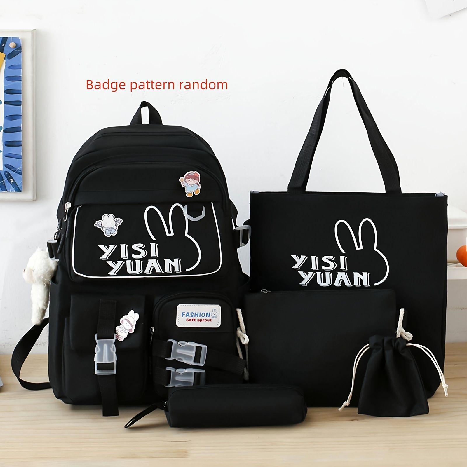 Mochila De Colegio Kawaii Harajuku - 5 Piezas - Negra-5