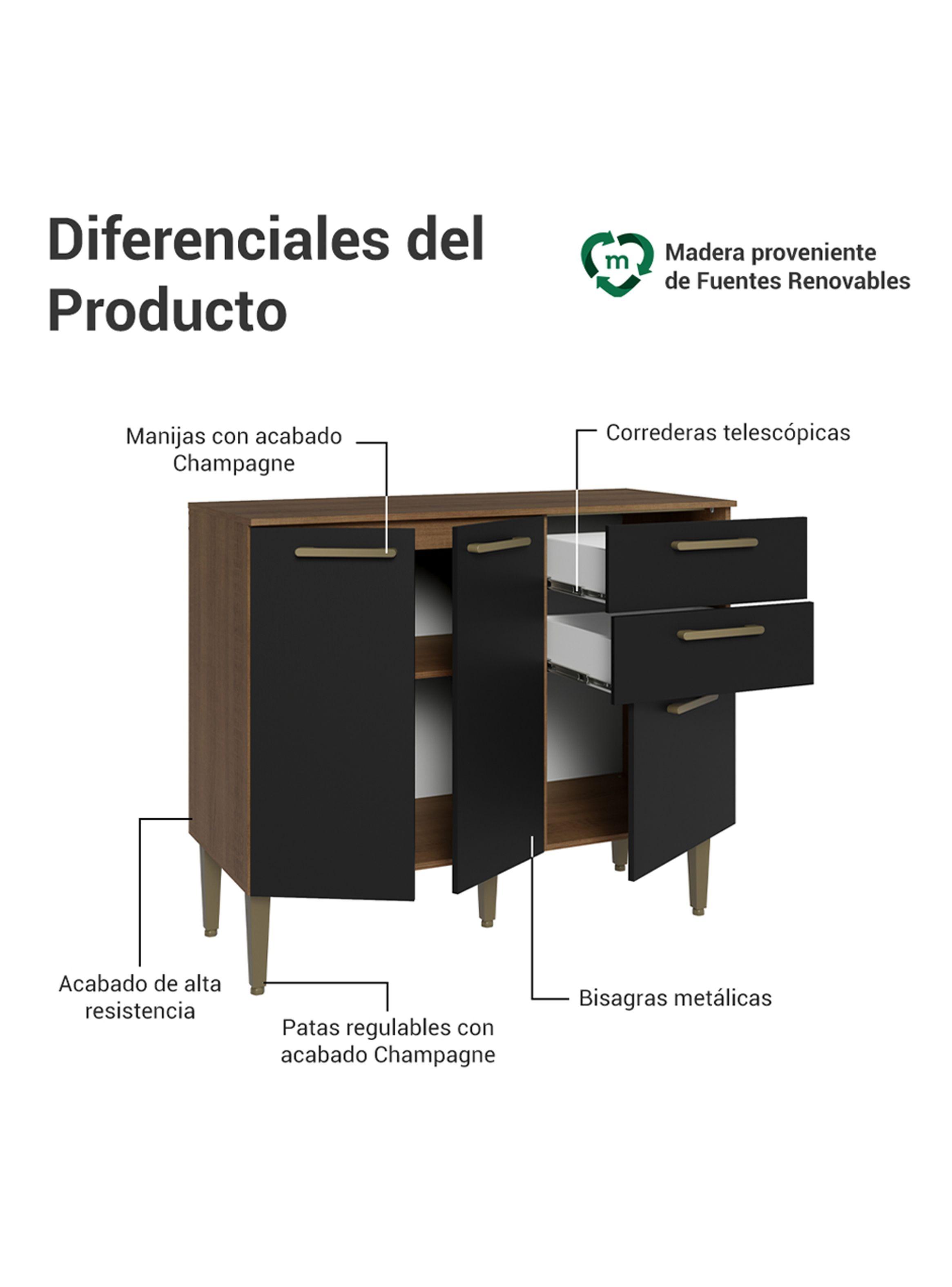Mueble Base de Cocina Madesa Lille 105 cm 3 Puertas 2 Cajones Marrón/Negro-3