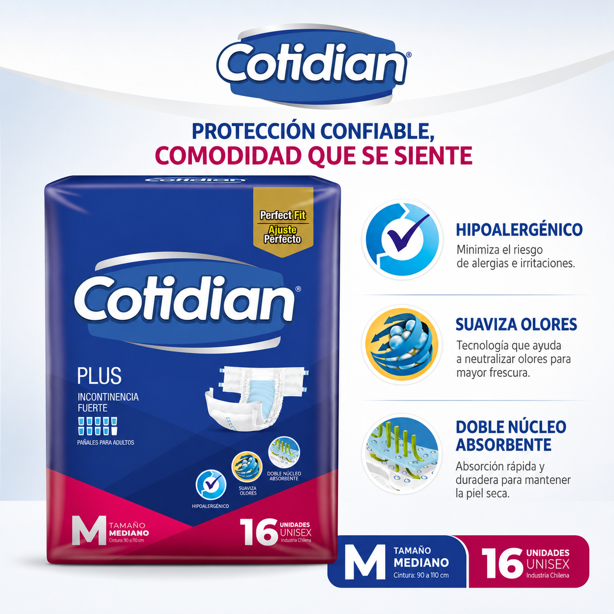 Pañales de Adulto Cotidian Plus Incontinencia Fuerte 16 un M-3