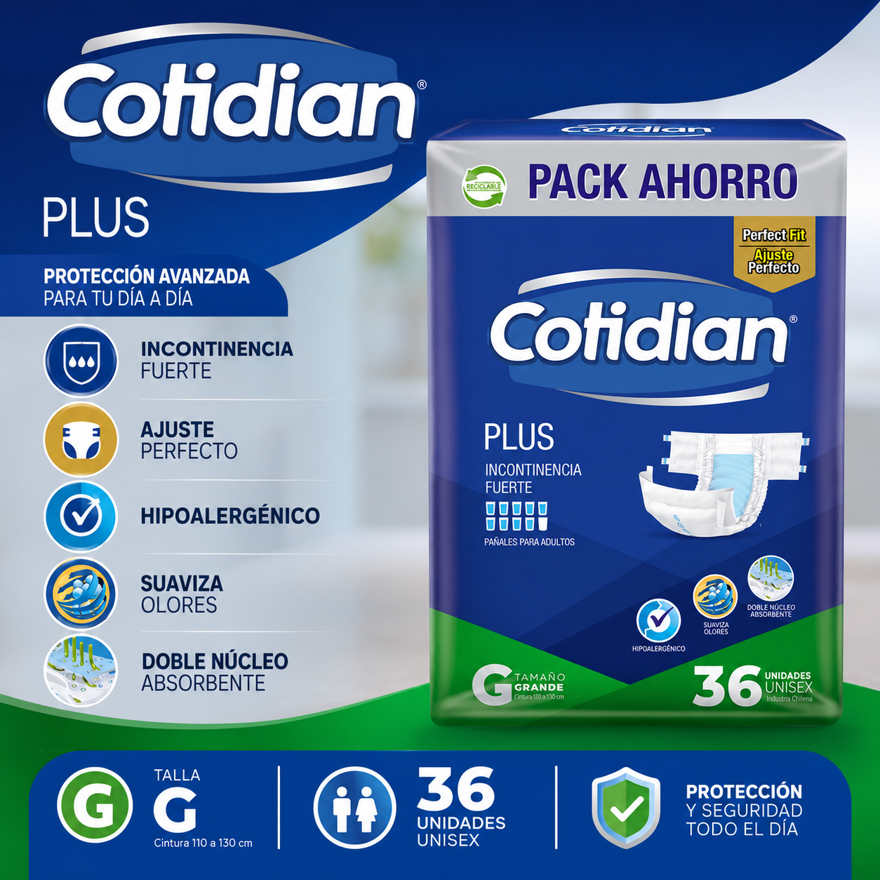 Pañal de Adulto Cotidian Plus Incontinencia Fuerte 36 un G-3