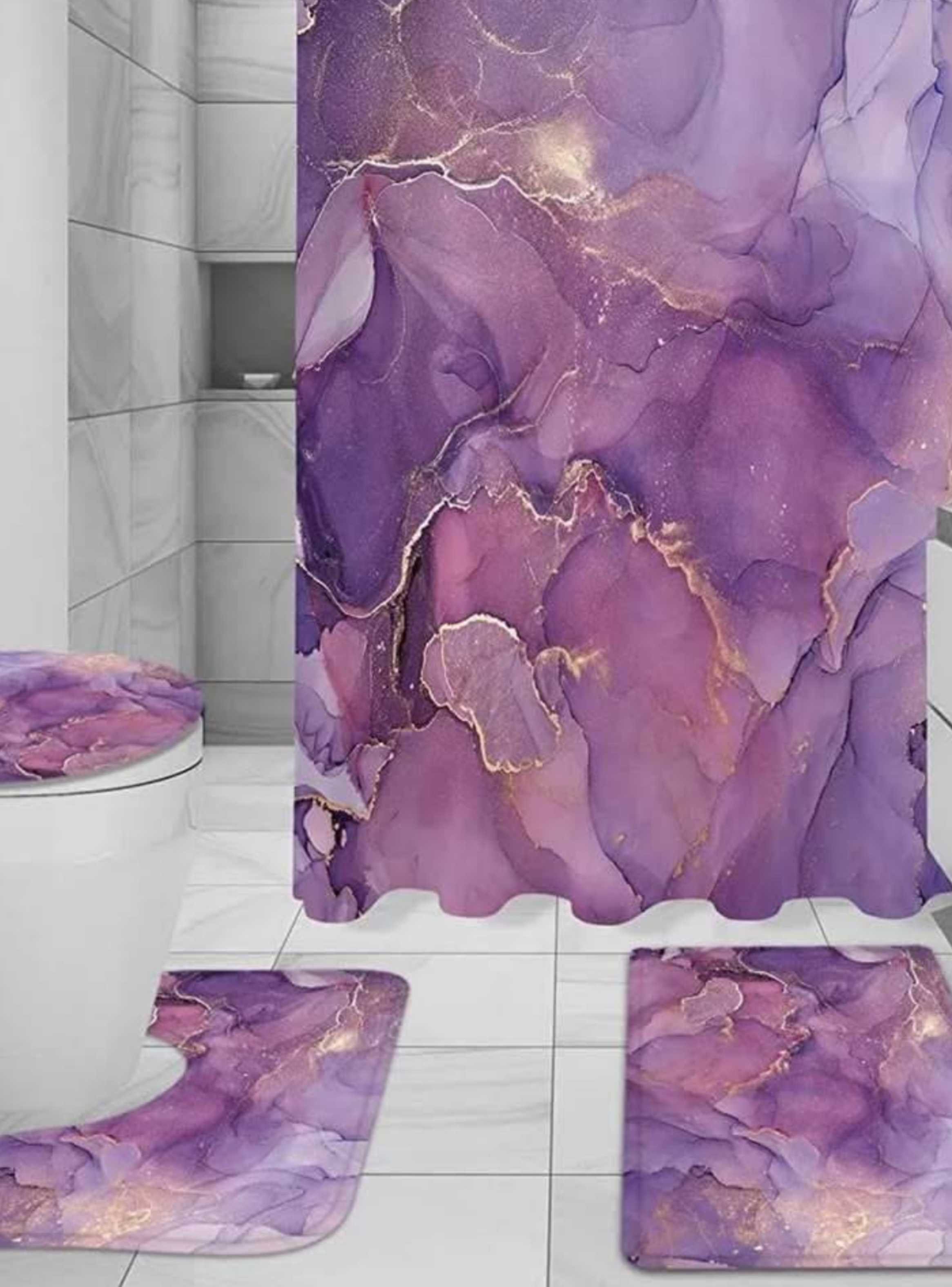 Juego Baño 4 Piezas Cortina Tela Poliéster Impermeable Morado-5