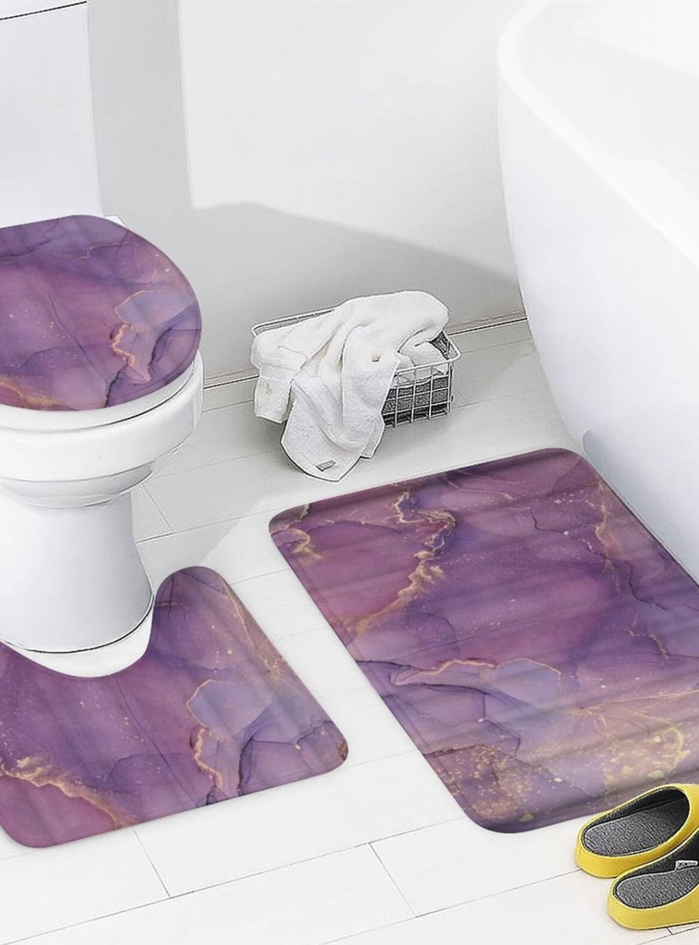 Juego Baño 4 Piezas Cortina Tela Poliéster Impermeable Morado-6