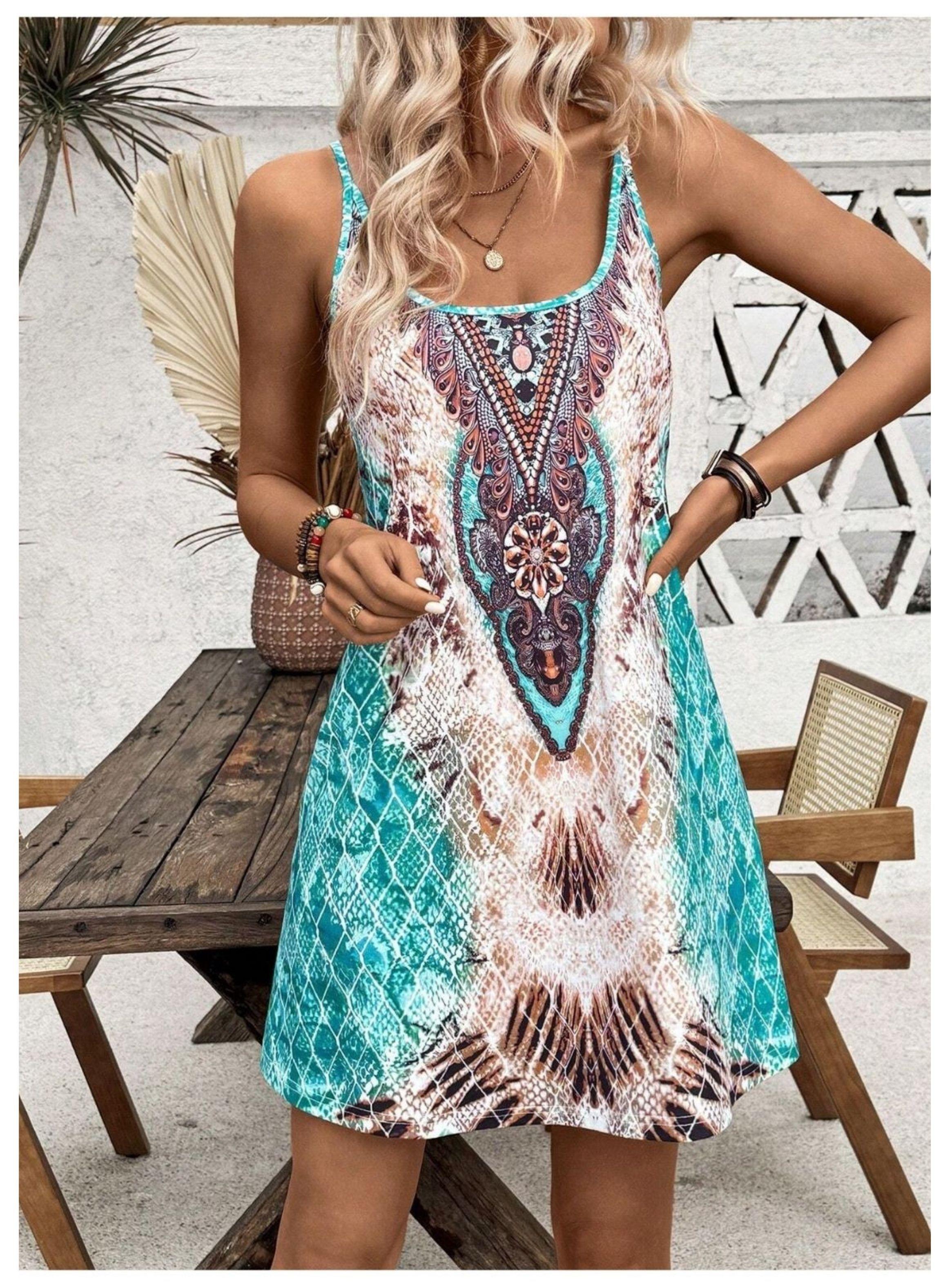 Vestido De Mujer Mini Corte Évase Estampado Con Tirantes Finos-1