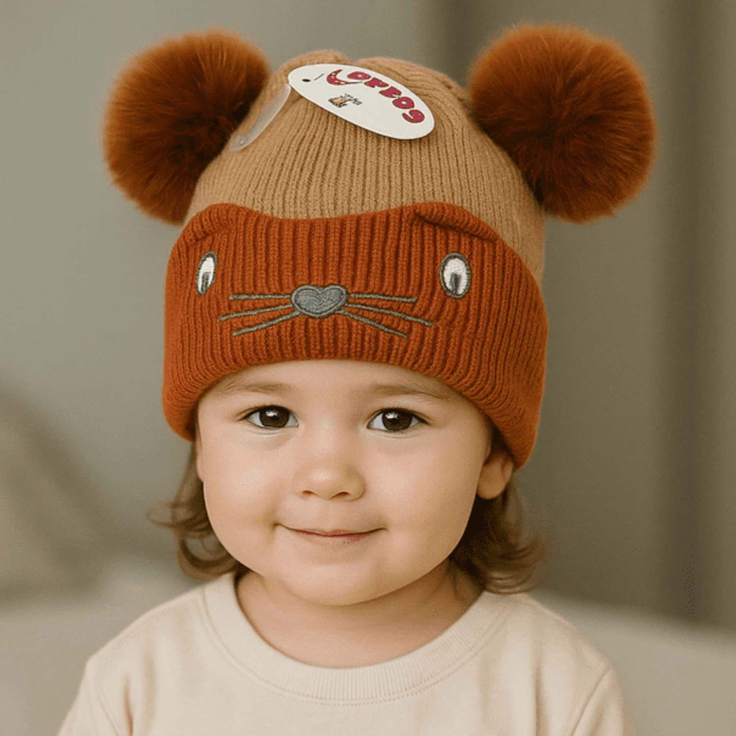 Gorro de Lana Infantil Diseño Ratón Forrado en Chiporro con Pompones Bebé Unisex-2