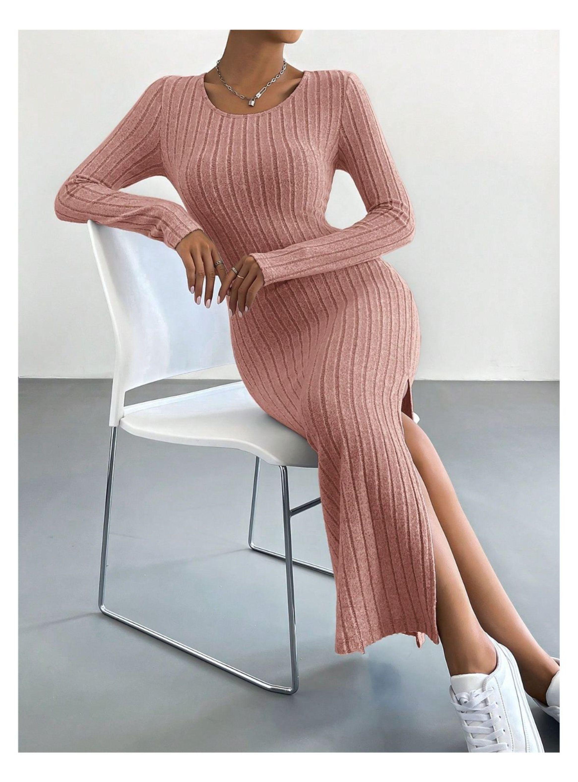 Vestido Ajustado Largo Tejido Canalé Cuello V-3