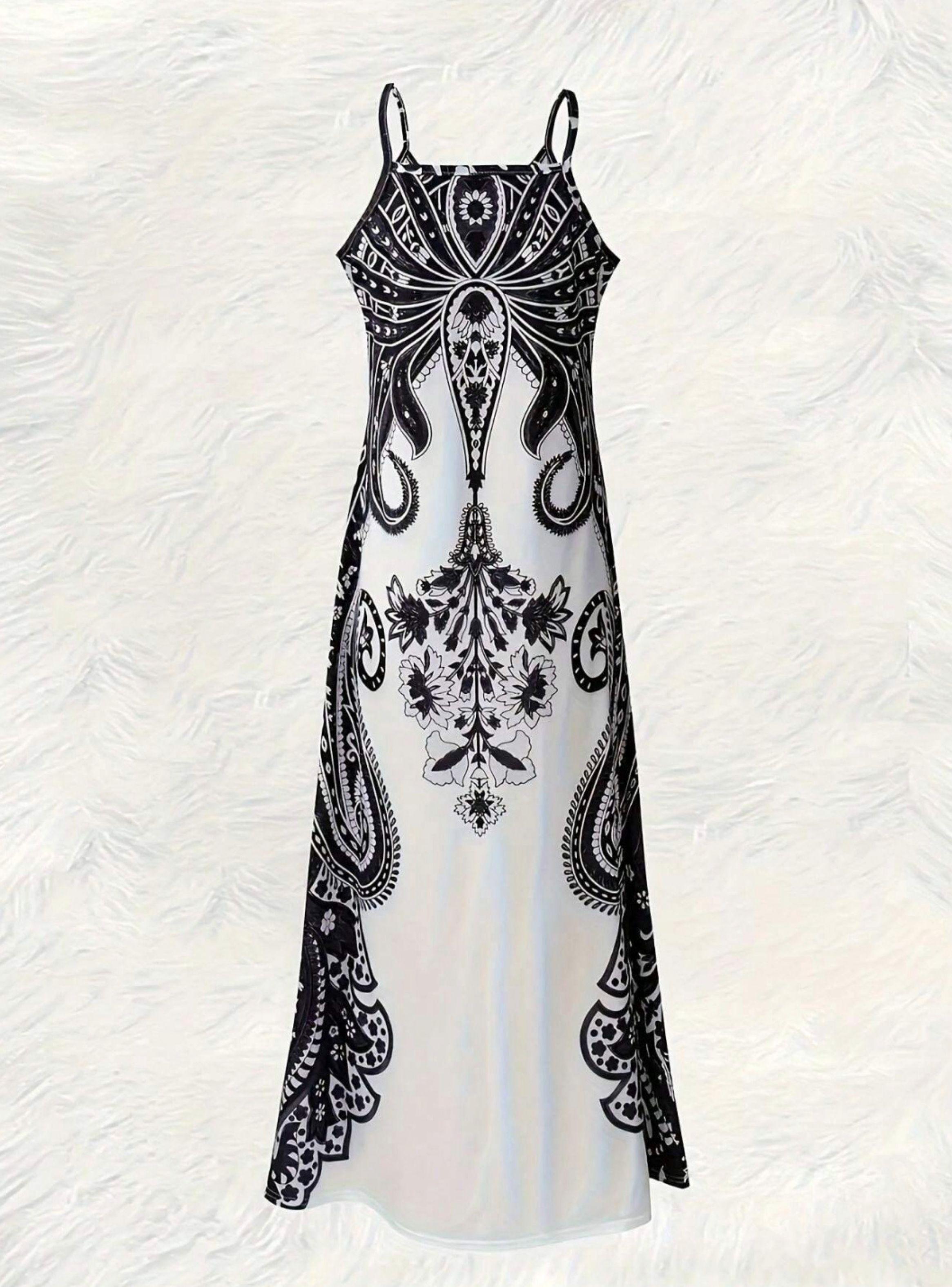 Vestido Largo Mujer Vintage Blanco Y Negro Sin Manga Escote en V-3