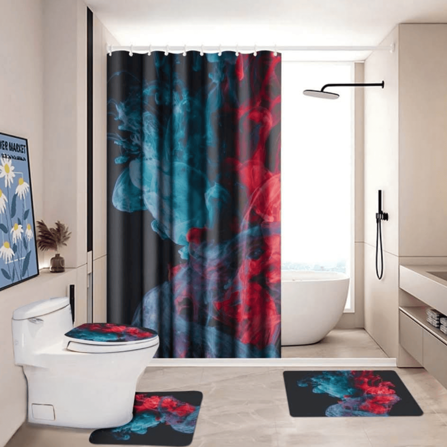 Juego Baño 4 Piezas Cortina Tela Poliéster Impermeable Fuego-2