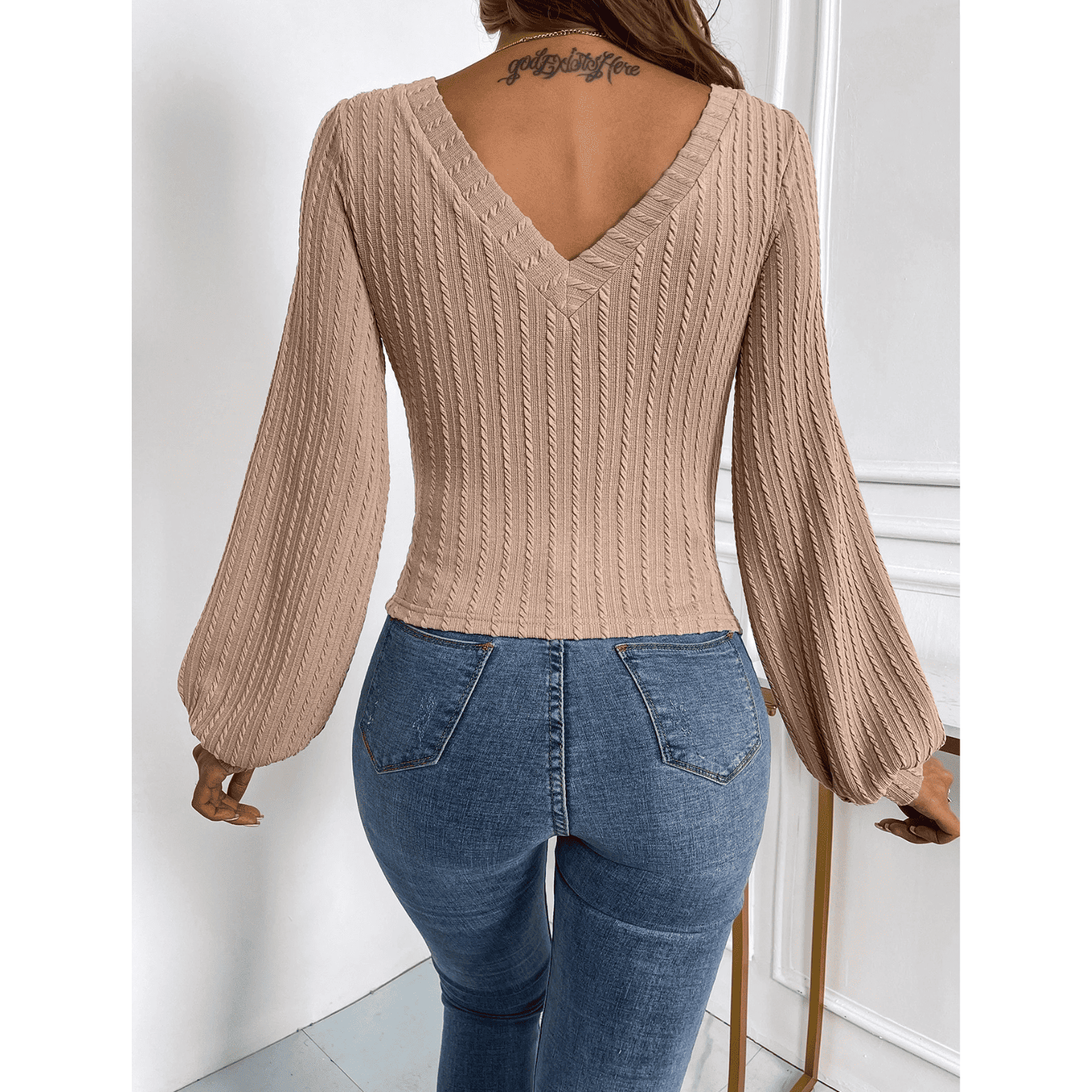 Sweater Mujer Manga Obispo Cuello V Canalé Crop-2